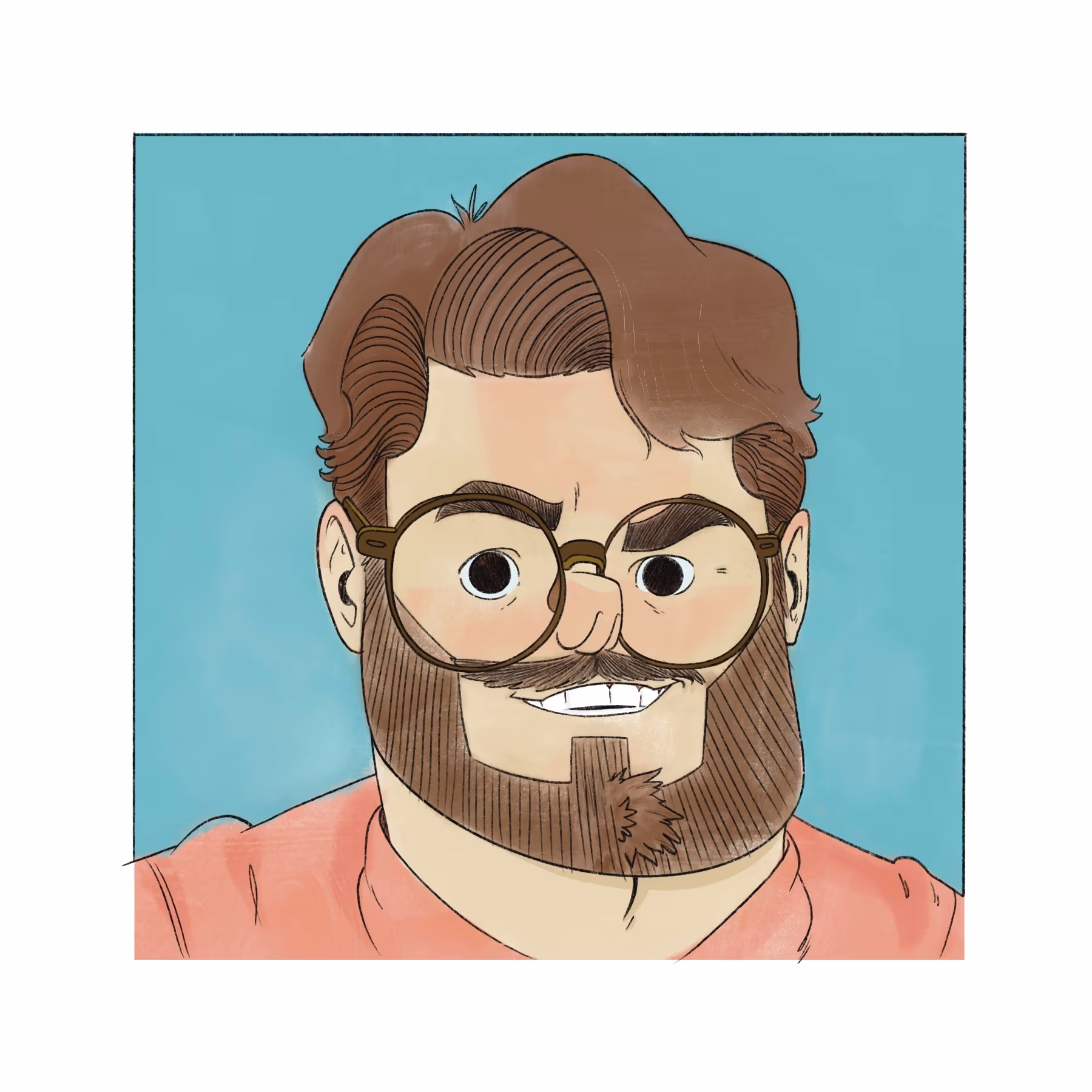 illustration of a male face with exaggerated squareness, brown hair and a bead, with glasses.