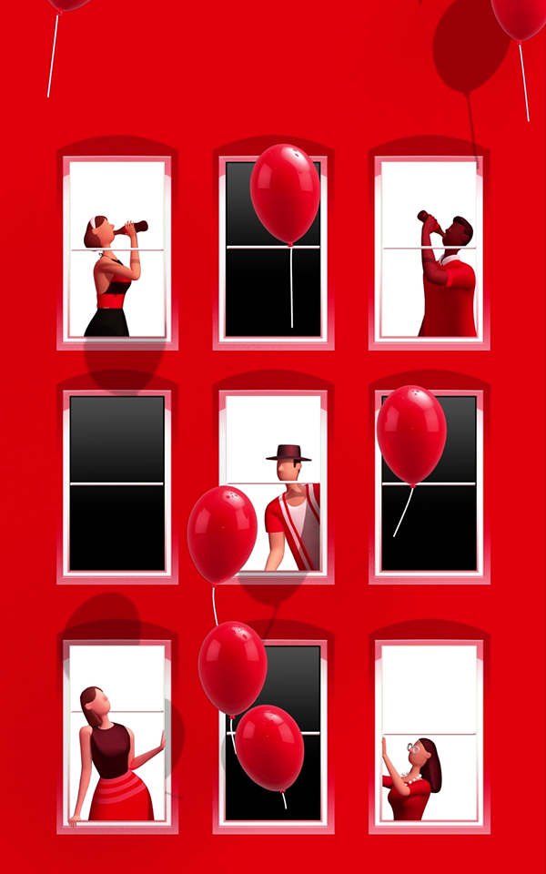 3D figures celebrating inside of a red apartment building with red balloons floating in the air