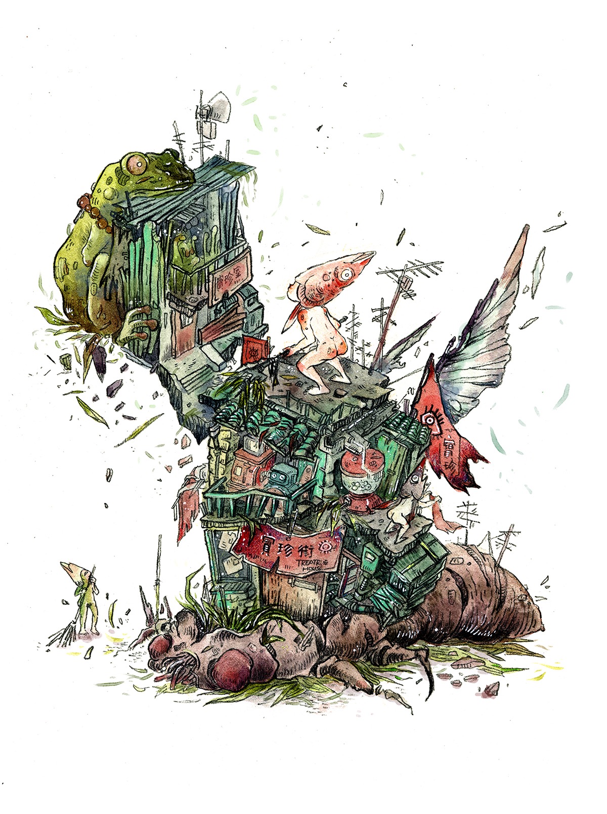 An illustration of a town built on top of a dead bug