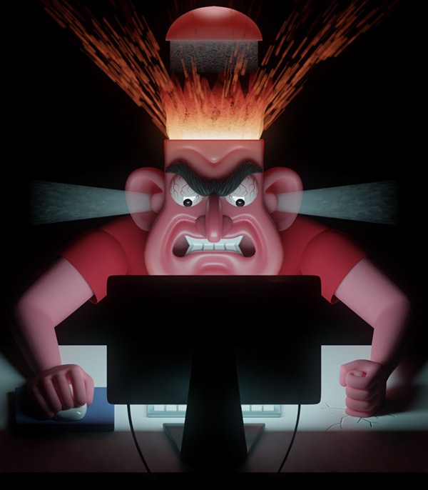 A 3D rendered image of an angry man with his head exploding