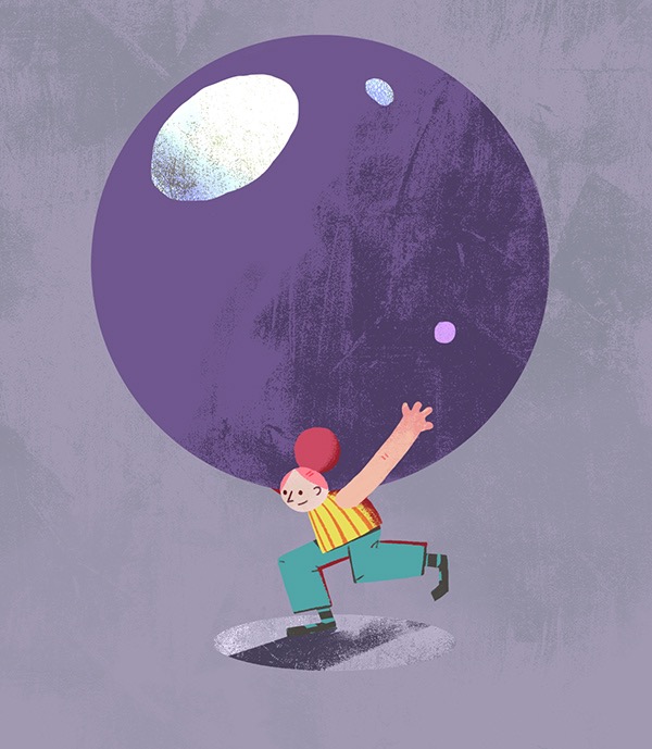 An illustration of a character carrying a giant purple ball on their back