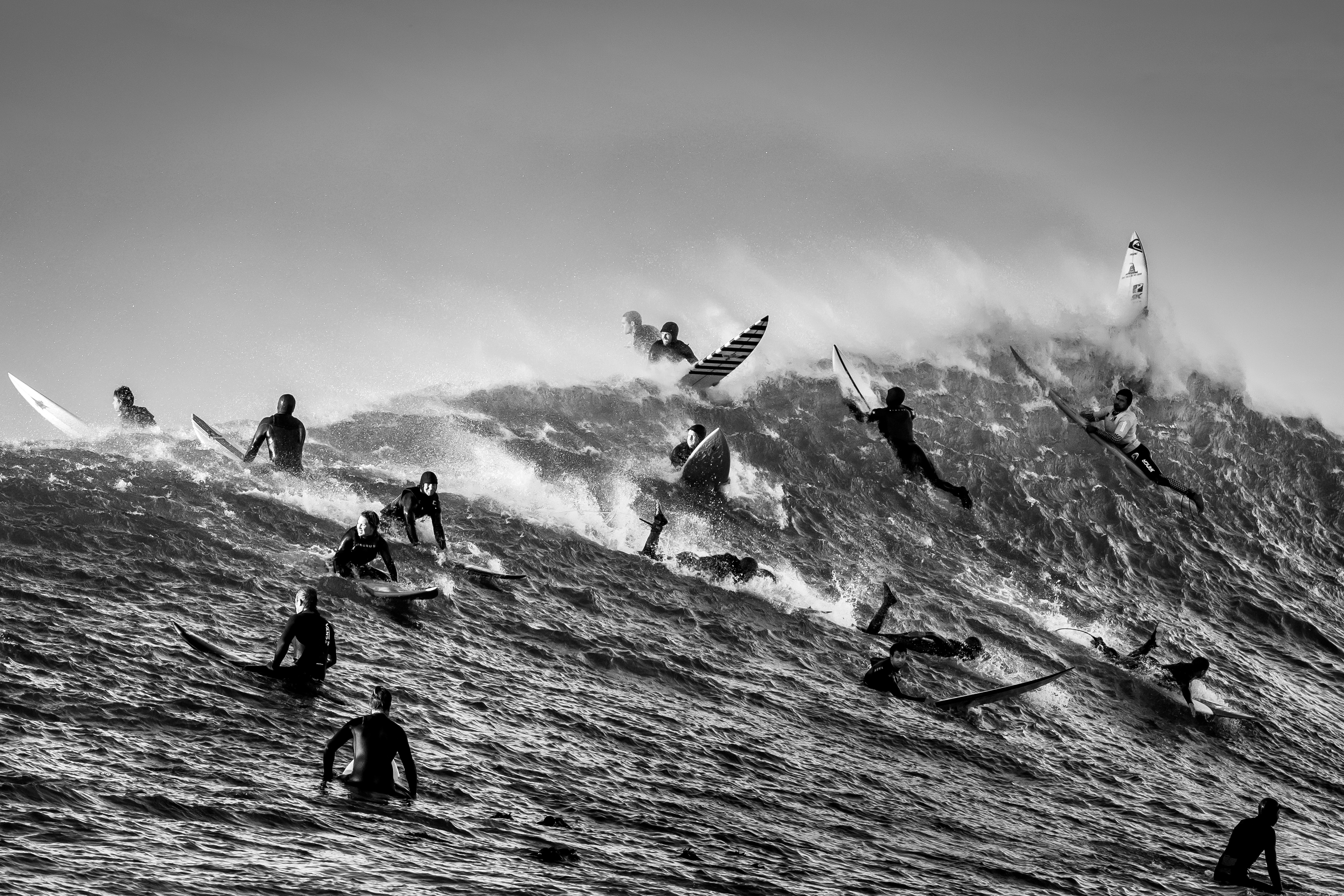 A black-and-white photograph of many surfers in the ocean, scattered at various spots along a gathering wave.