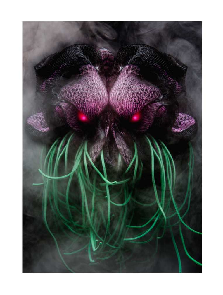 A photograph of a sci-fi looking purple and green creature, made out of recycled materials