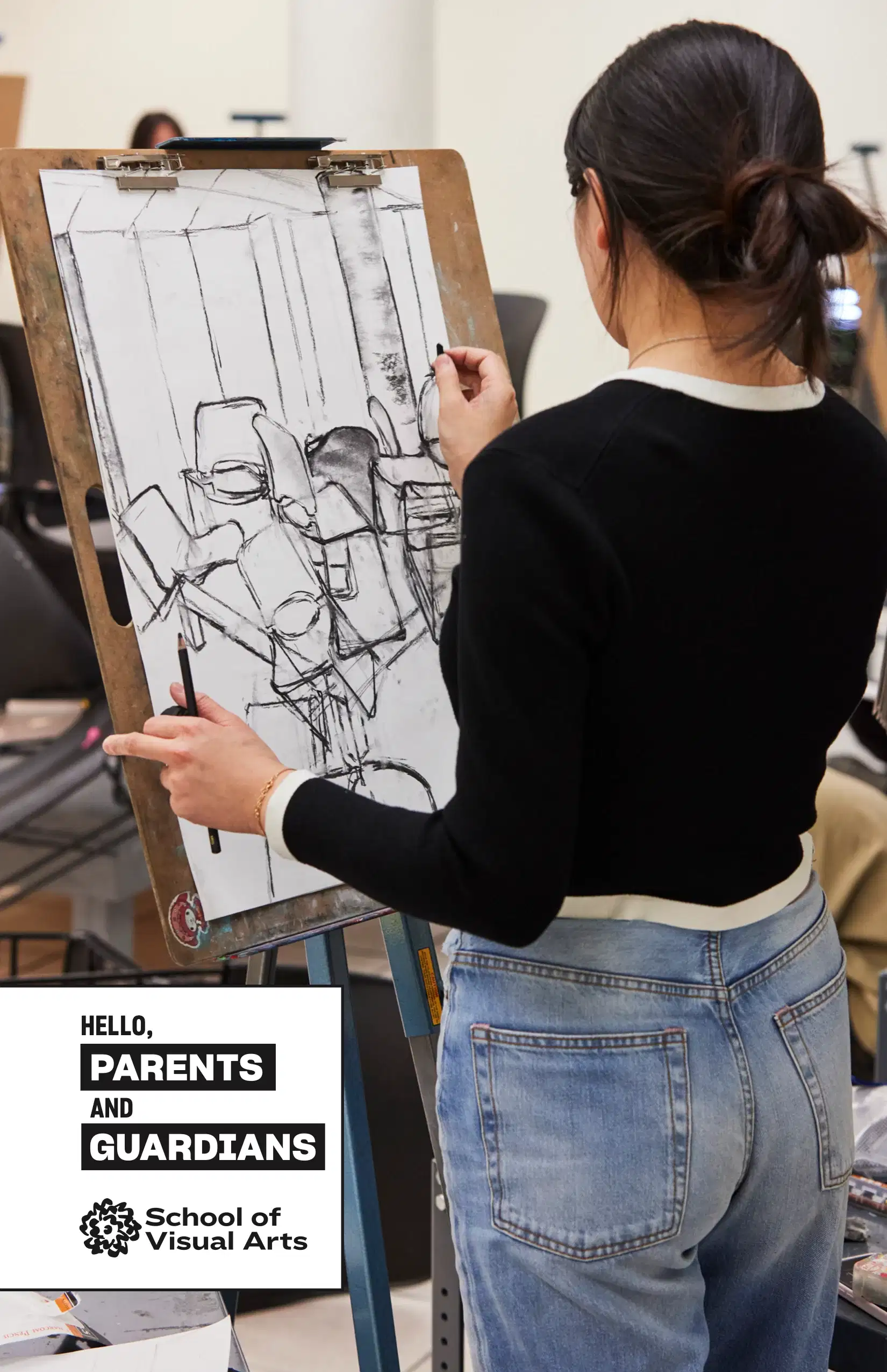 Photo of a student working with charcoal on an upright easel. A textbox reads “Hello, Parents and Guardians” in black and white text, and the School of Visual Arts flower logo is underneath. 