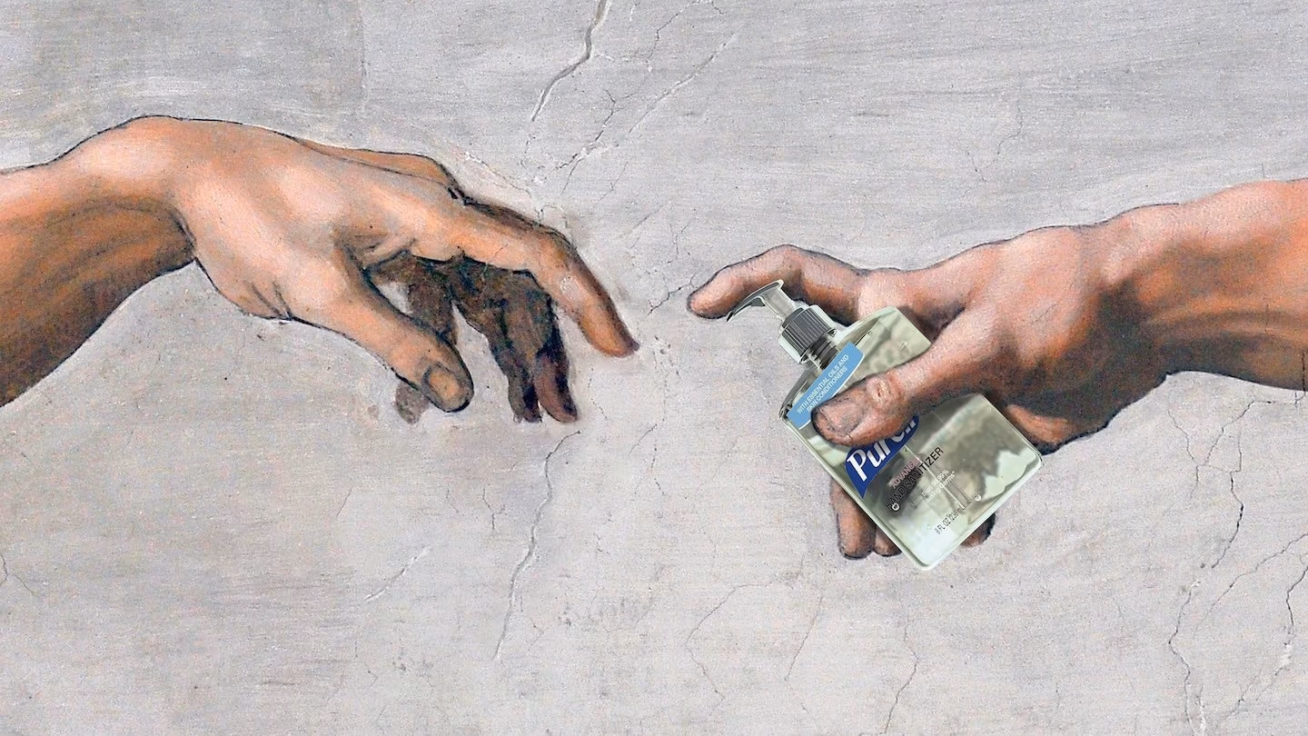 An illustration of two hands passing a bottle of Purell.