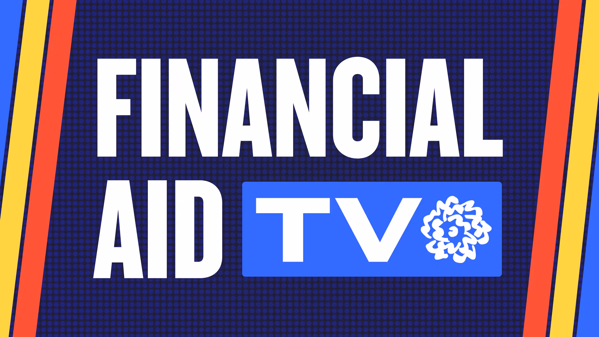 graphic banner with blue, orange and yellow stripes that says "financial aid tv" with sva's flower logo