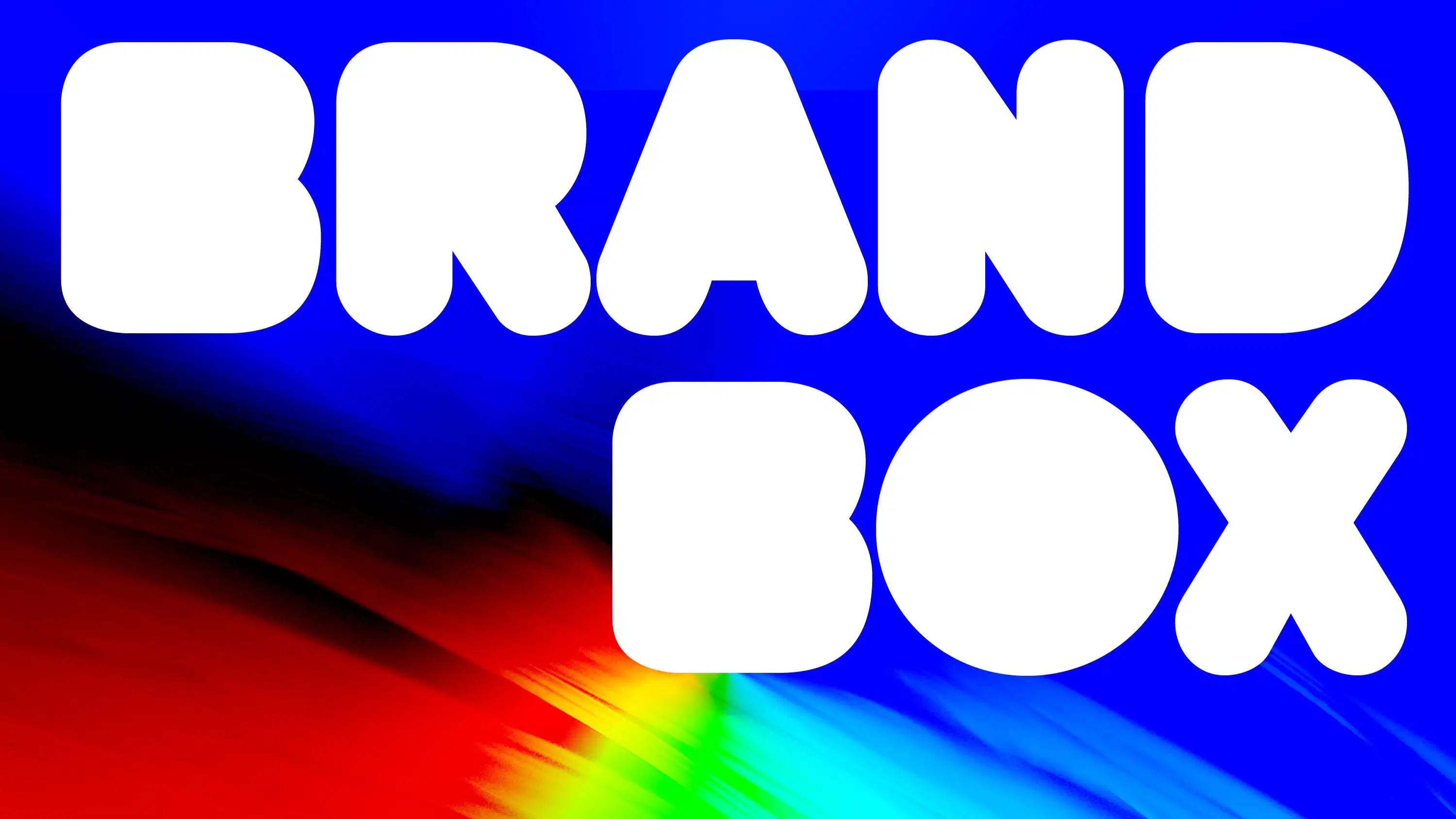 "Brand Box" written in white bubble letters on a bright blue and rainbow background