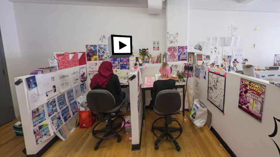Students working in a comics studio.