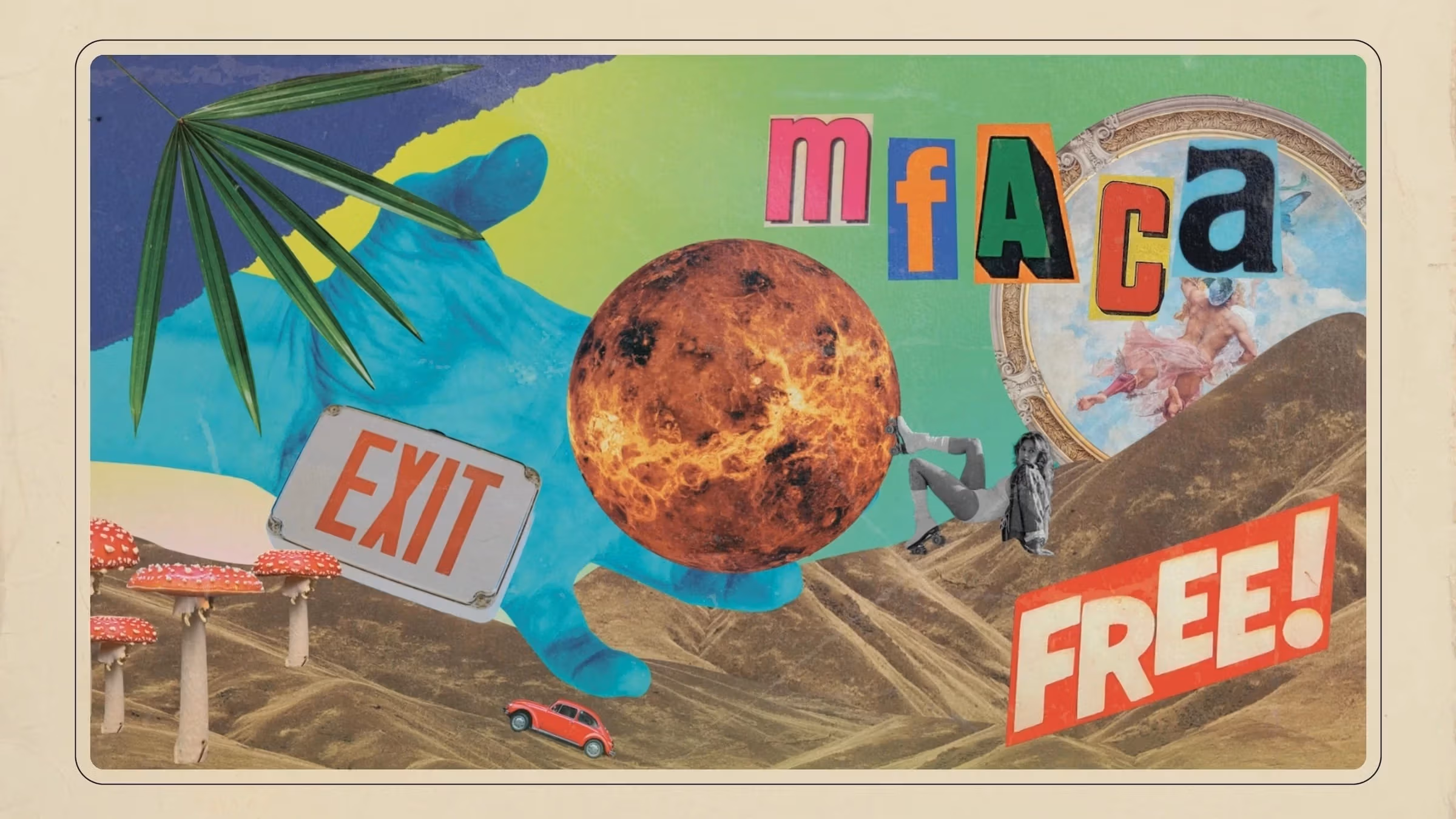 a collage with a woman kicking a planet in a surreal desert landscape.