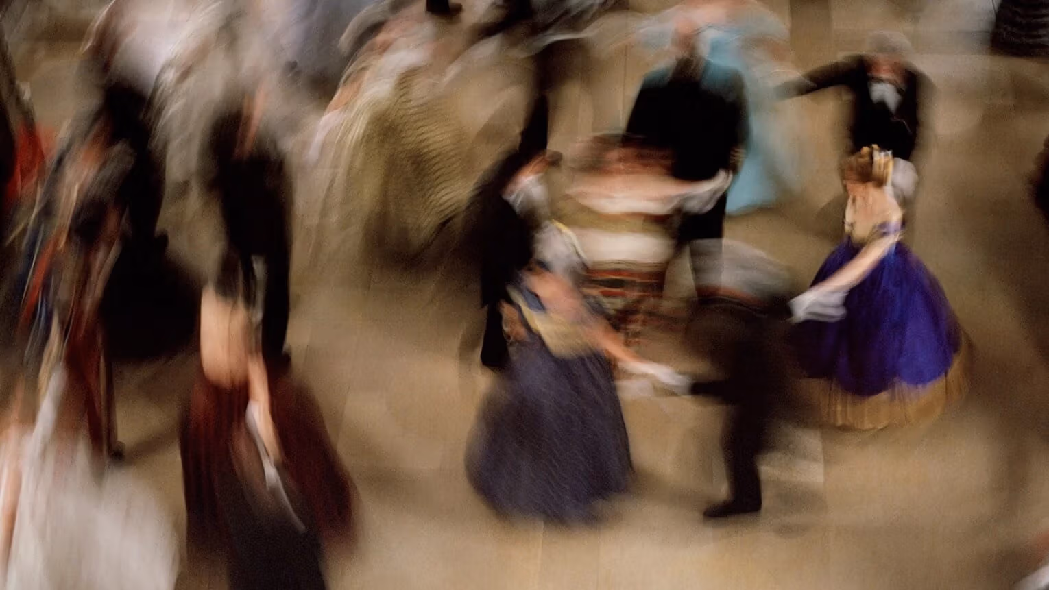 A painting of a blurred birds eye view of people dancing together