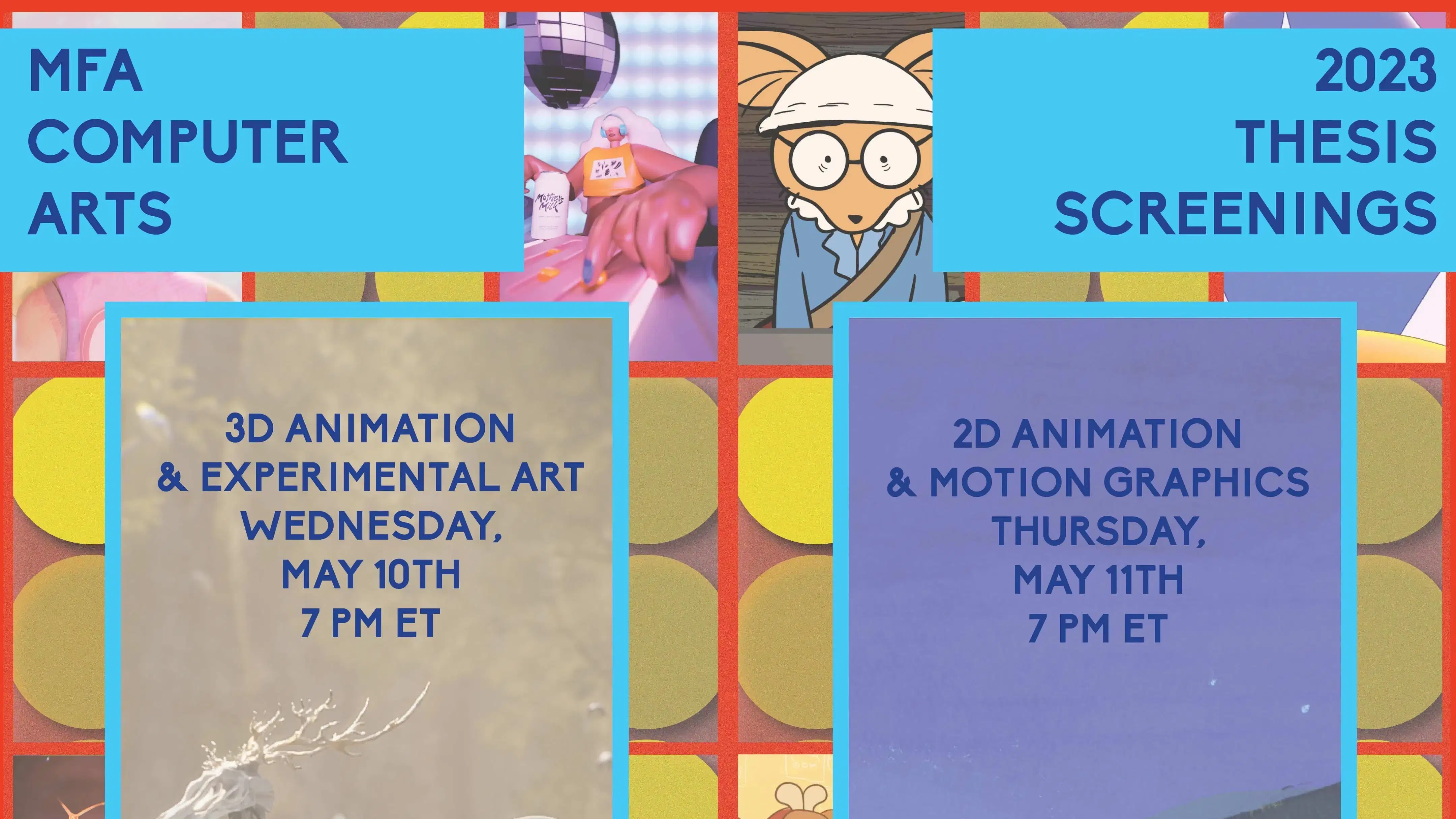 Poster including all event information and stills from films that will be shown at the screening, including a cyborg deer and a nighttime view of a village