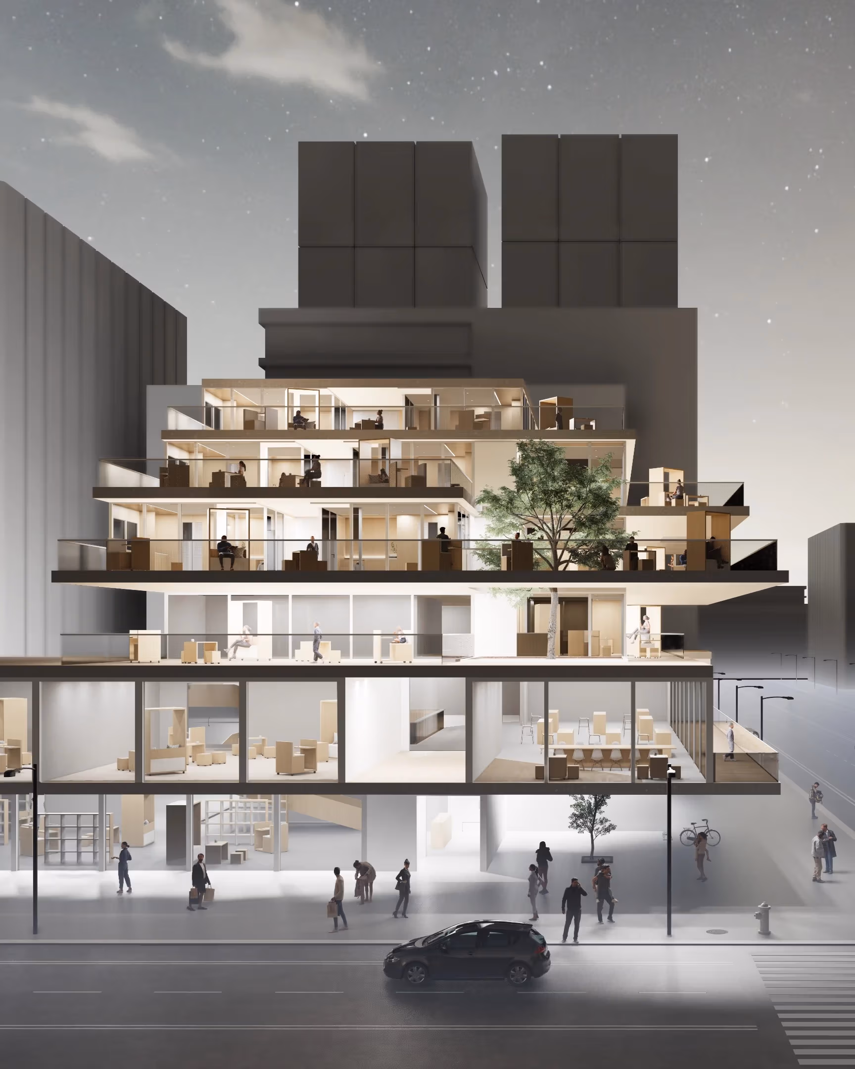 Nighttime Exterior Facade Render of “Box World”