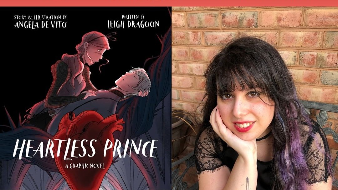 Cover titled "the heartless prince" to the left of the screen with a photo of angela de vito, who will be streaming on the bfa animation twitch channel. bfa animation logo is on top of these images. 