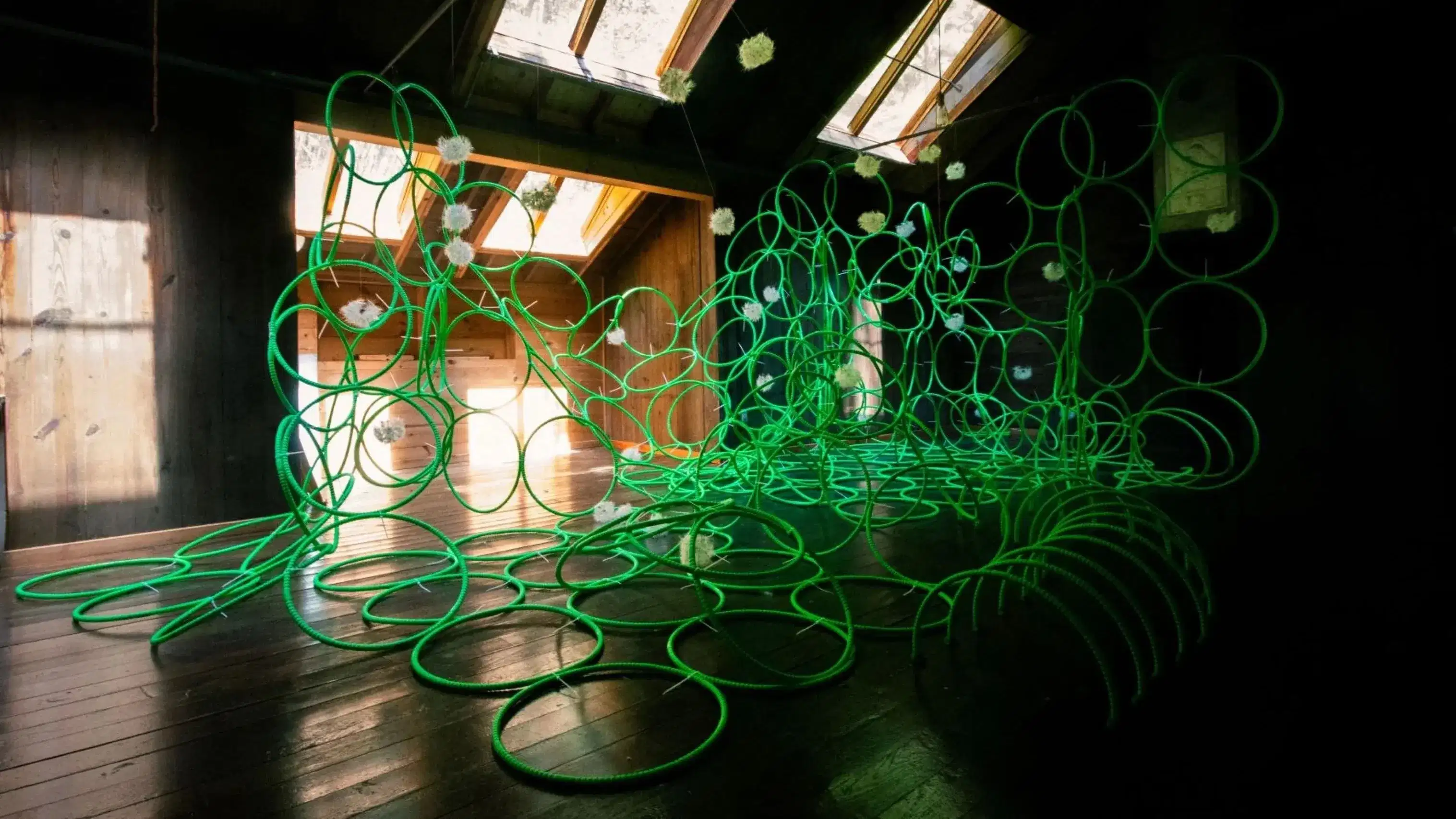 photograph of green hula-hoops in a sculptural assemblage in a dark barn with sunlight coming in through windows