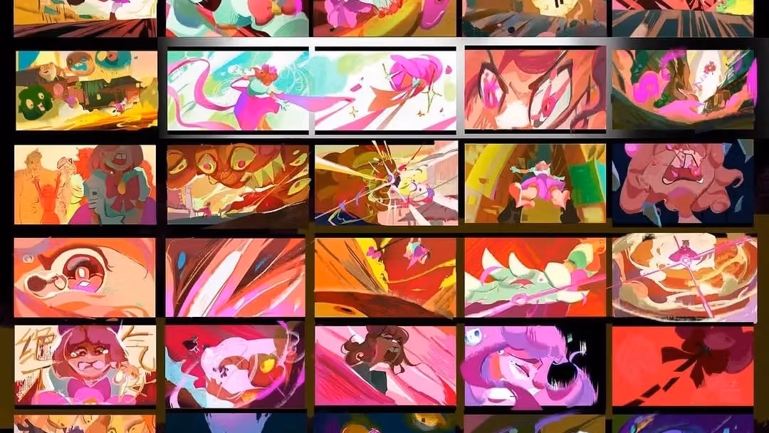 A vibrant storyboard showcases dynamic action scenes with a pink-haired character, fantasy elements, and intense battles. Emotions range from excitement to determination.