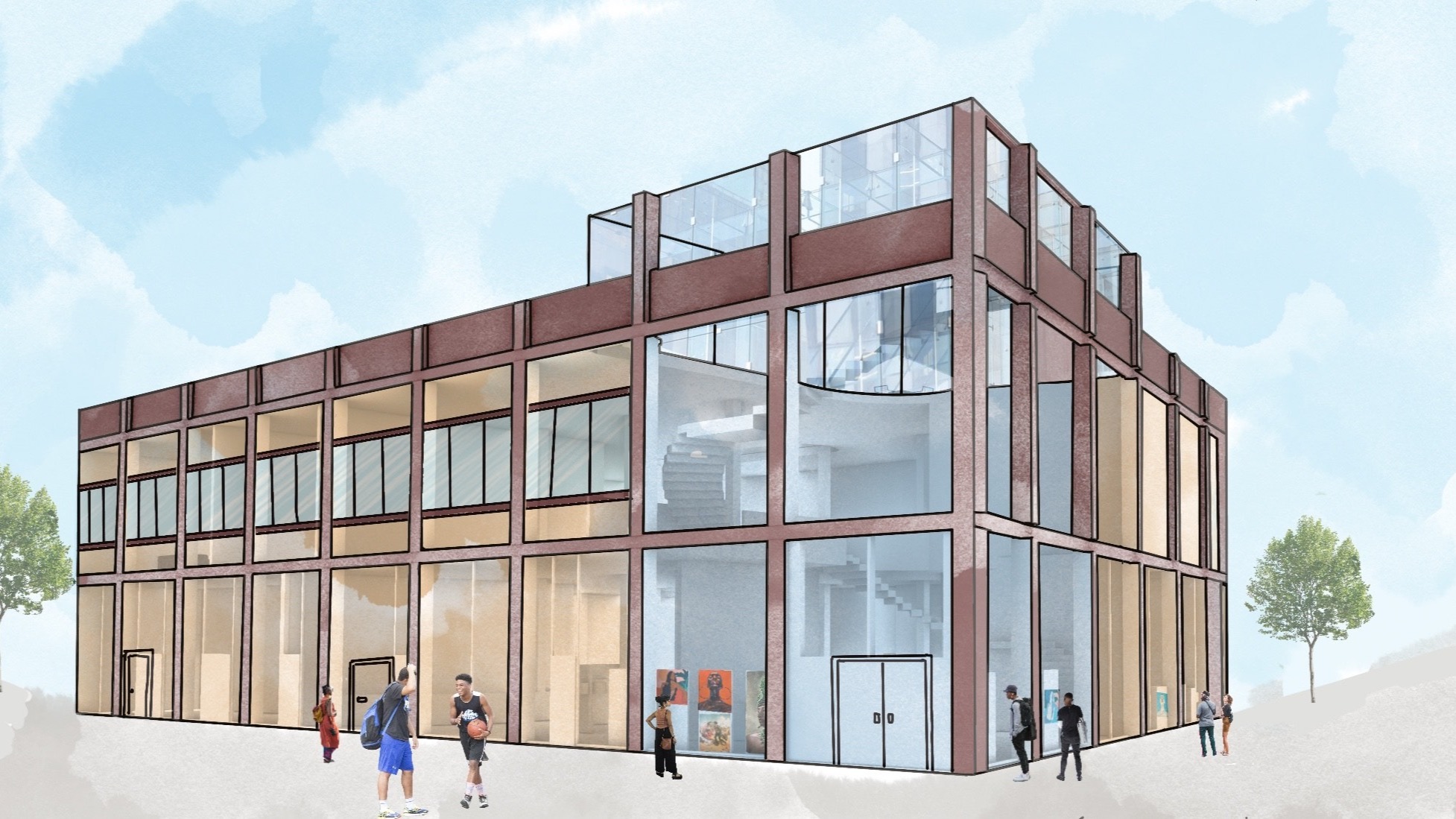 3D rendered building plan of a proposed redesigned Community Justice Center. The building is dark grey with light blue glass panels. 