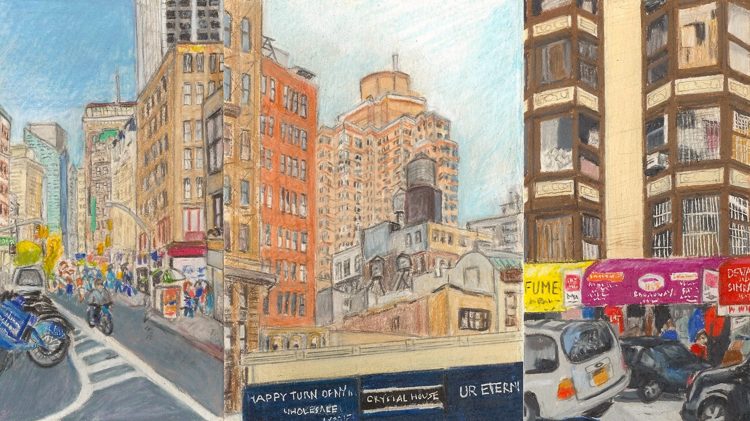 Two illustrations of cityscapes. The illustration on the right features a street with a city bike rack on it and people walking around. The one on the left features cars in traffic in front of a building.