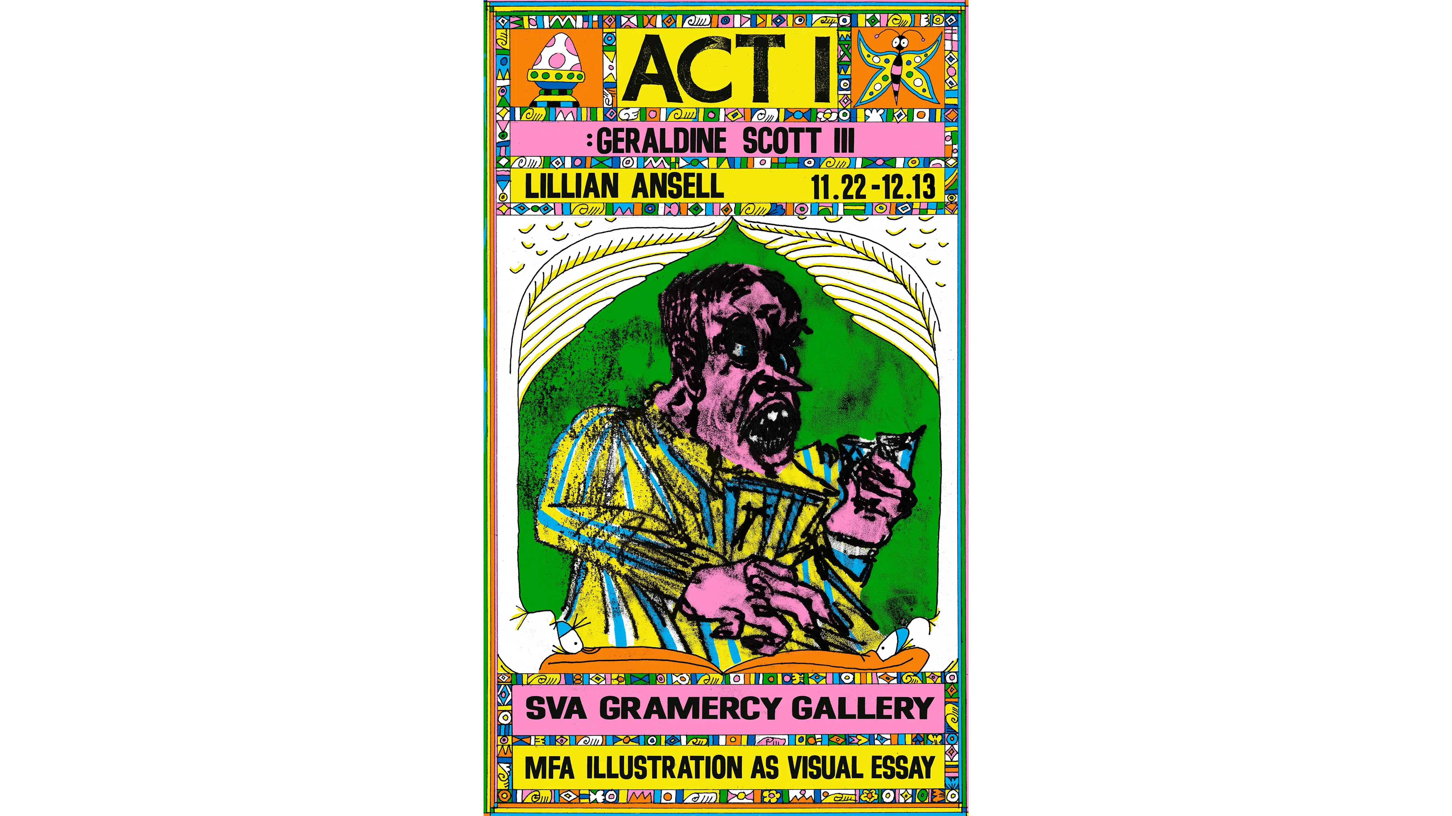 Poster for exhibition with a man in striped suit facing right holding a cigarette. Image is yellow orange pink, and green with black text announcing show. 
