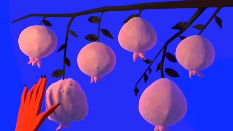 Digital Animation in 3D. A red hand reaches for a branch with six fruits hanging. The fruits react to the touch and squirm and the hand pulls back. On a vibrant purple backdrop. 