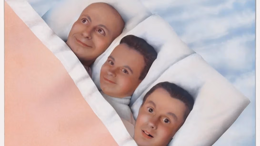 An artwork depicting three men tucked into a bed in the sky
