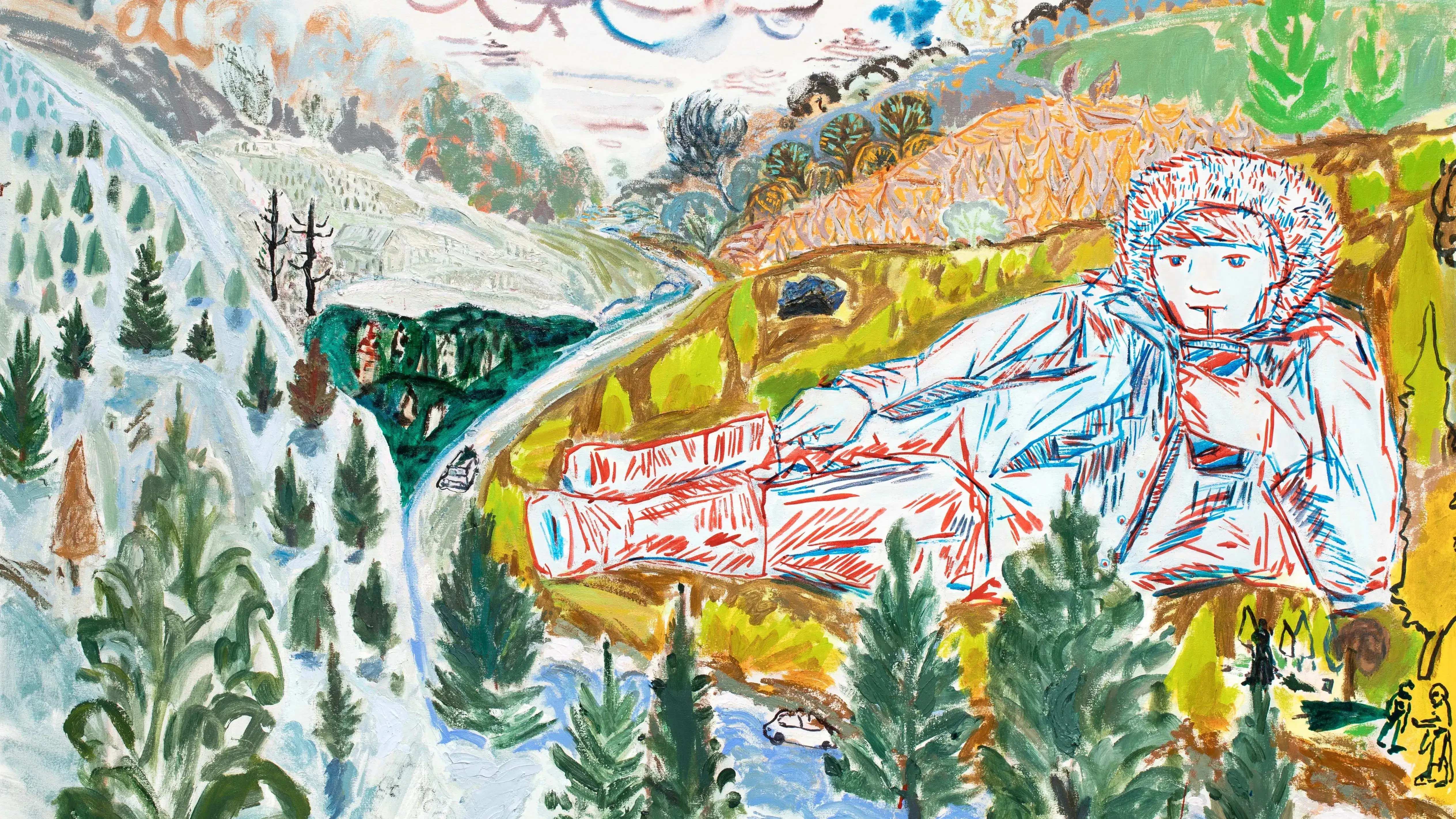 Painting by Lisa Sanditz entitled Big Boy/Big Gulp. A large boy in winter dress is situated in the mountains, drinking a big gulp.