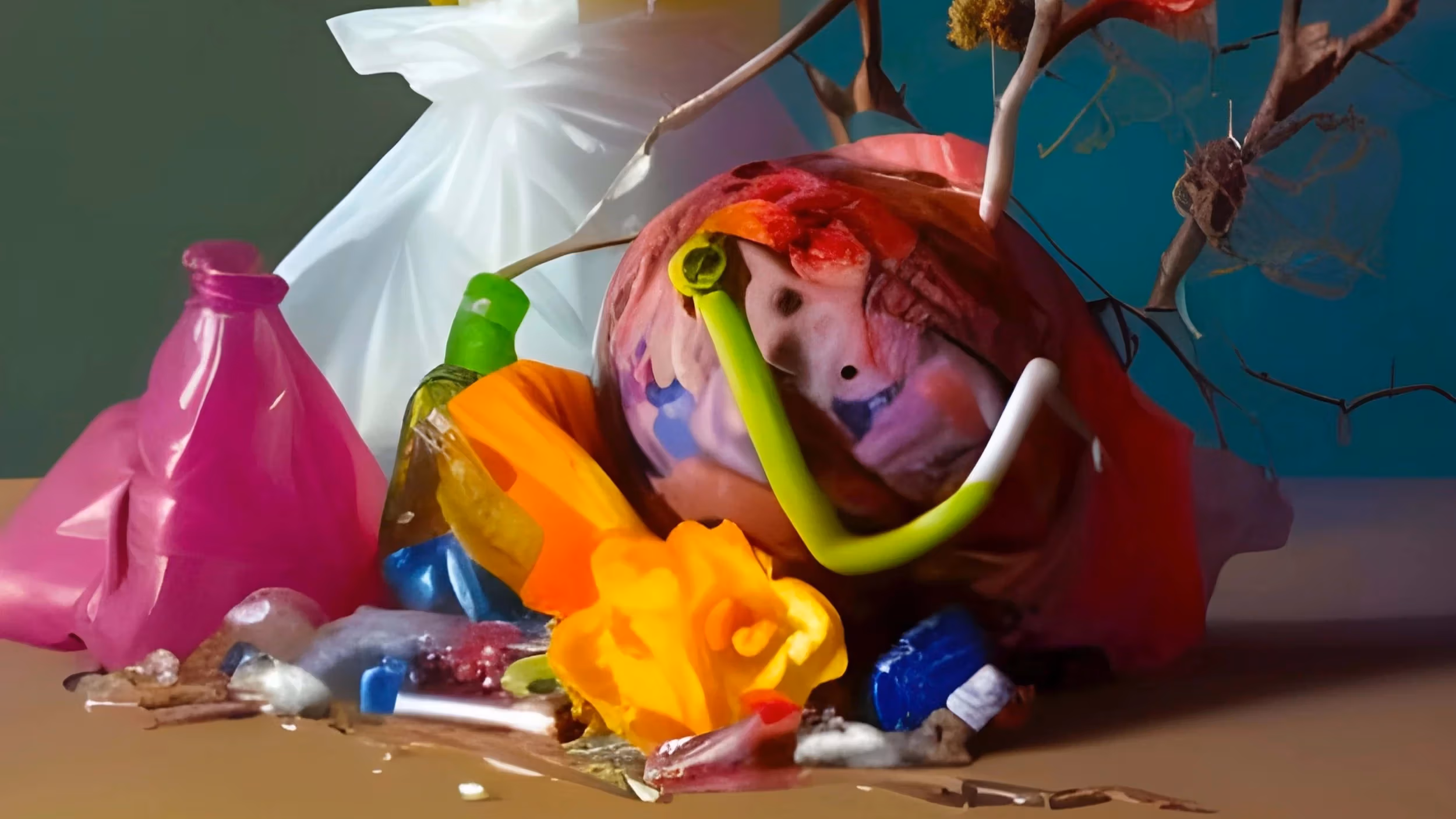 Sculpturally arranged still life consisting of synthetic and natural elements, such as a crushed magenta funnel, yellow dandelion, dead branch, and pink plastic bag.