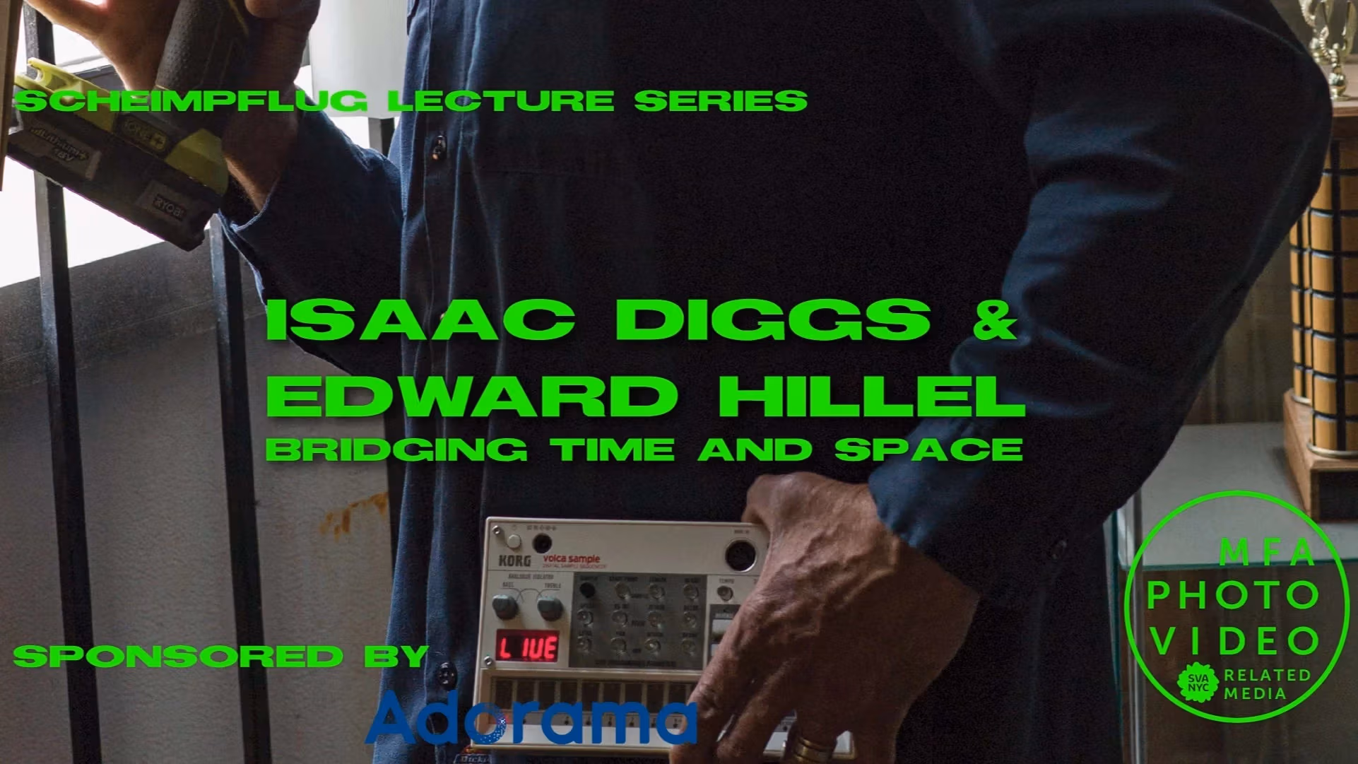 Mike Banks holding an electric drill and a mini synth - color photograph, cropped with neon green text overtop.