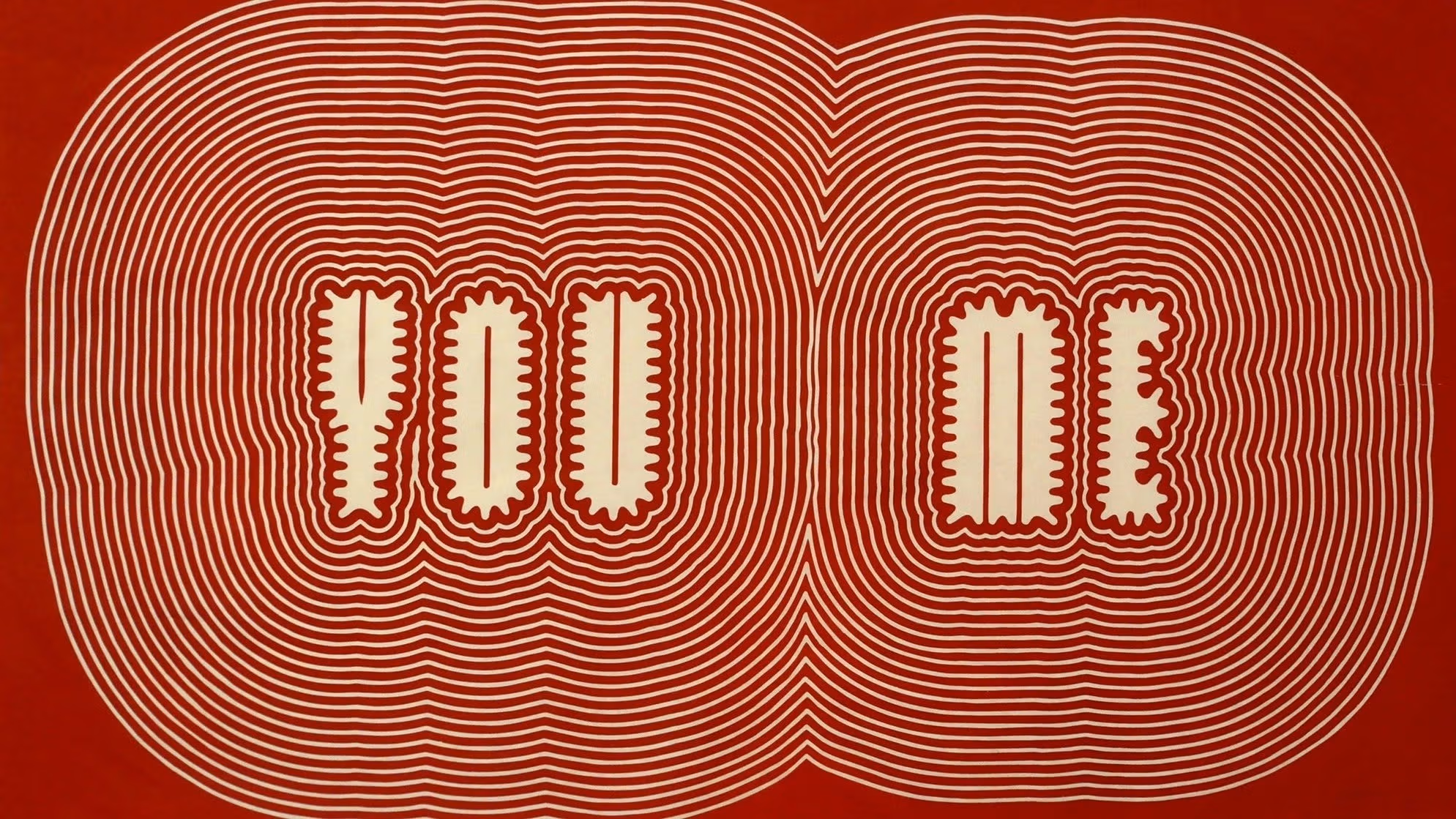 Stylized text artwork by Paula Scher in red and beige, "You Me," designed with a 'reverberating'-type effect around each word.
