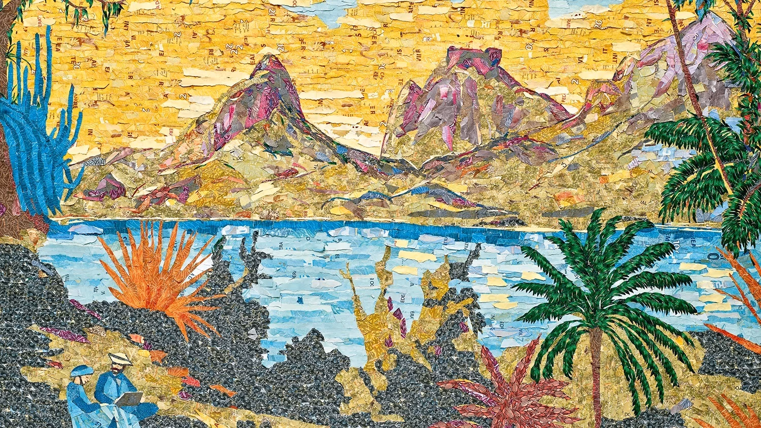 An abstracted photo of buildings looming over a palm tree with a textured overlay. 