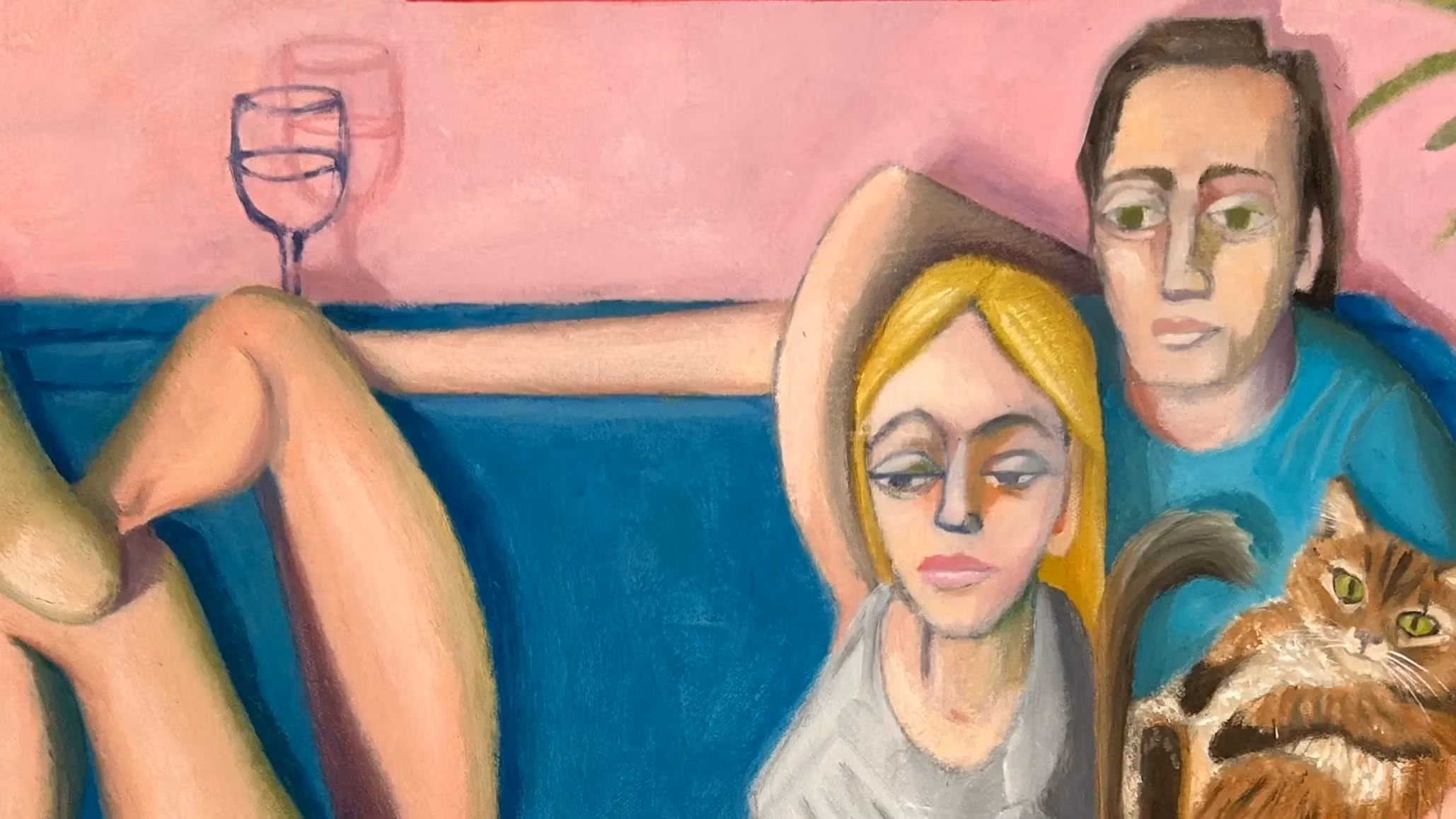 A painting of a domestic scene, featuring a male and a female figure with their cat, seemingly watching an out of view television, while resting on a blue couch. Used dinner plates rest on a coffee table before the figures, and a banana is taped to the pink wall behind them.