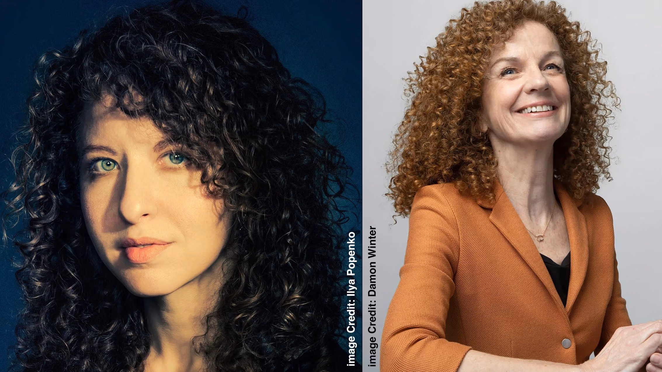 two portraits side by side; left one has blue background, right one has white background