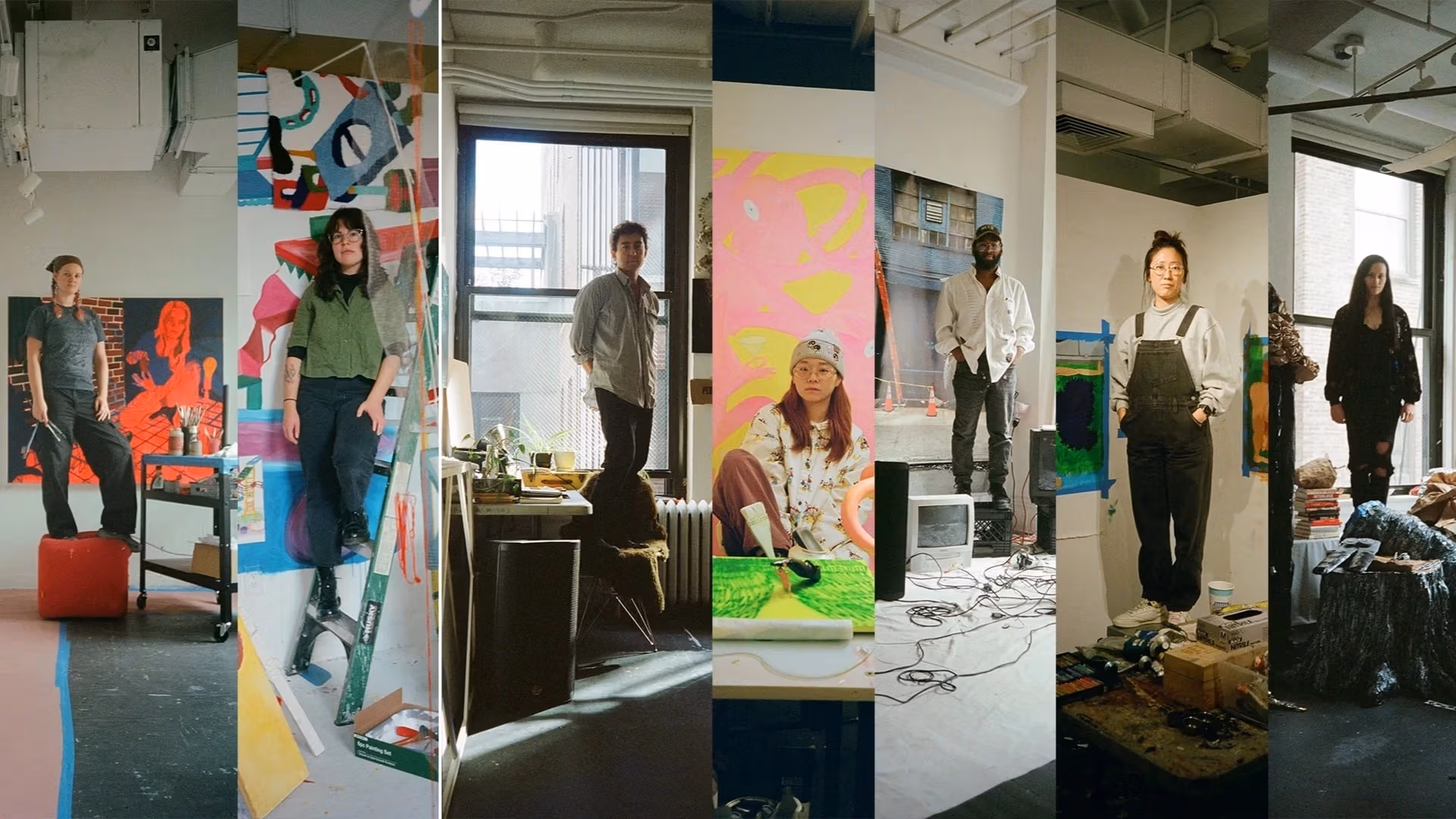 Images of 7 artists standing in their studios collaged together.