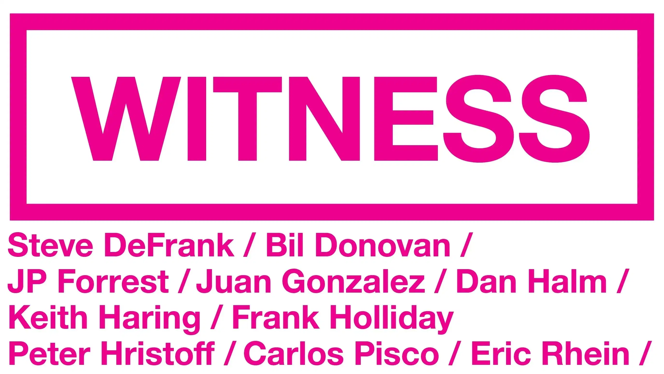 exhibition graphic with the exhibitions title ‘witness’ and the artists whose work is included, in fuschia text on a white background