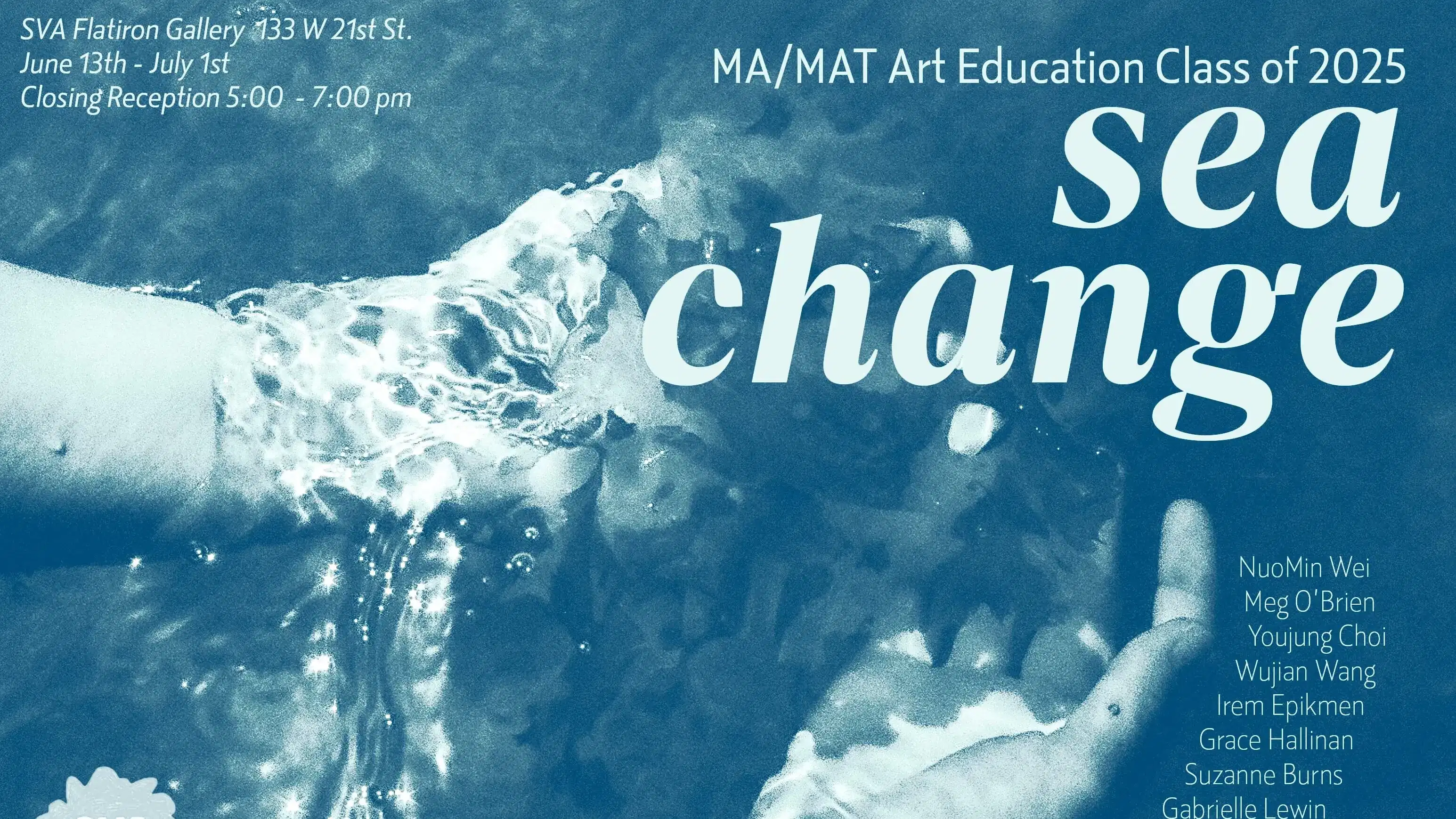 Blue monochrome poster showing hands dipping into water, with "sea change" in large letters and a list of names below.