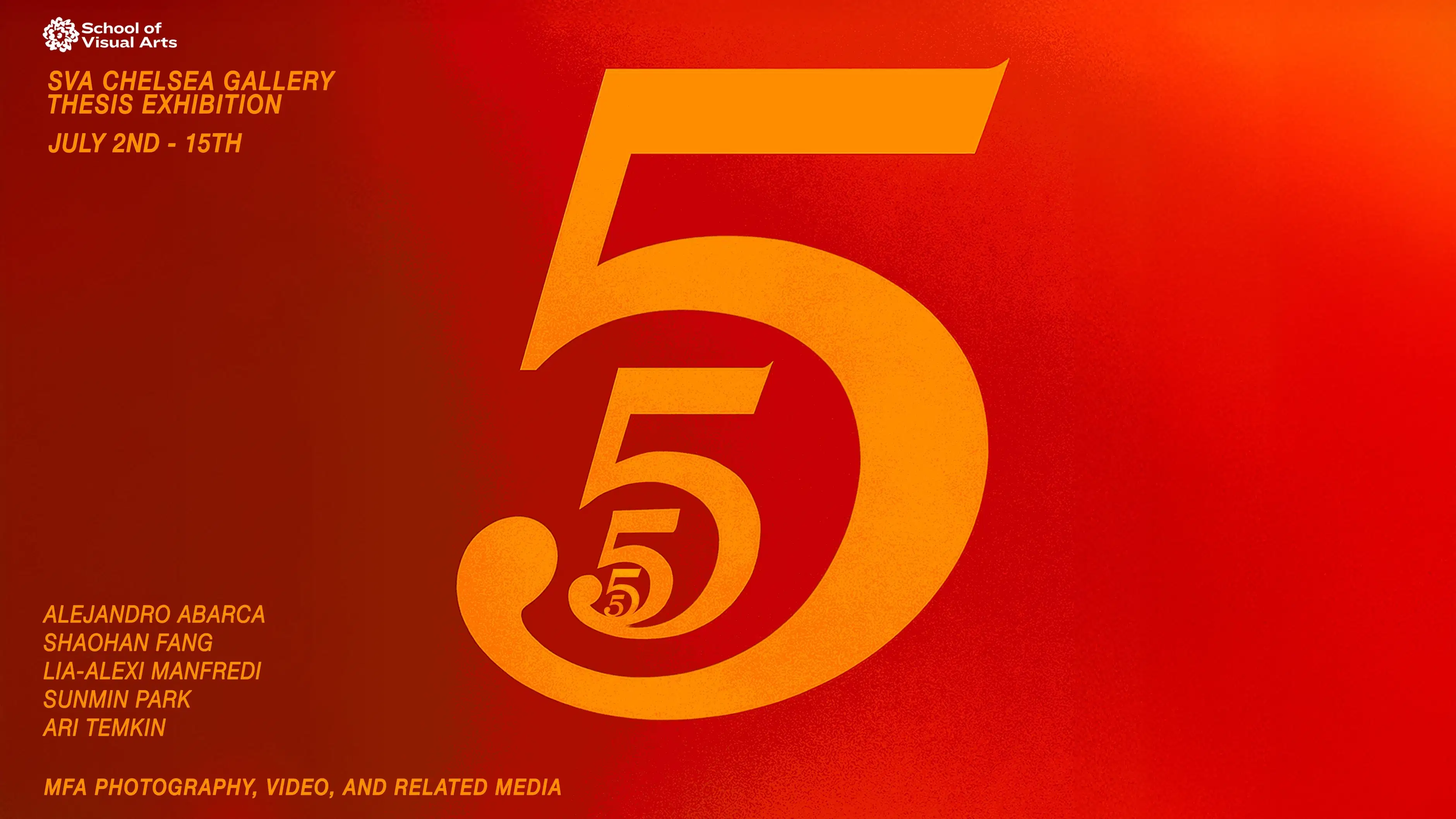 graphic with thesis exhibition information. red background with gold lettering of the number 5 and the artists names