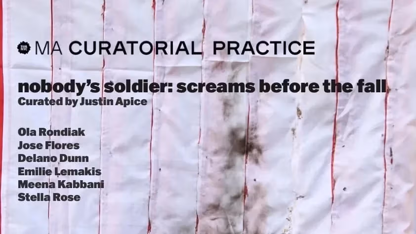 an exhibition poster with text on it that reads "nobody's soldier: screams before the fall" over white and red stripes and a burn mark