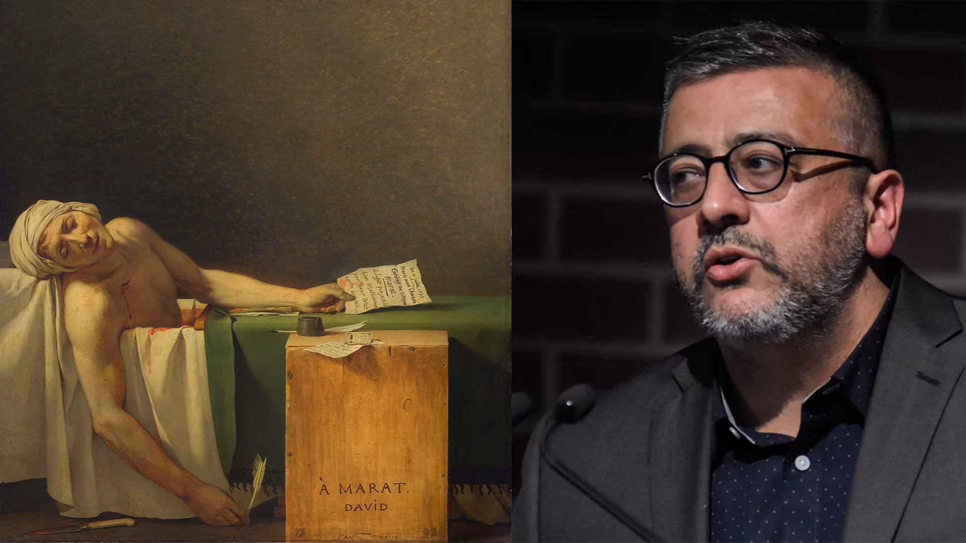 David painting of the Assassination of Jean-Paul Marat on left; Samir Gandesha on right 