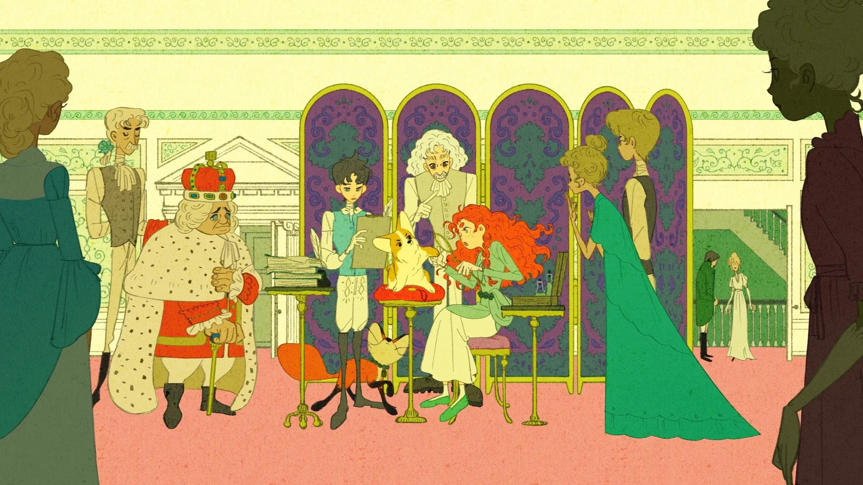 In the rest hall of Windsor Castle, a veterinary professor is treating the pet dog of King George III with two apprentices. A red-haired girl is observing a wound on one of the dogs' paws, while a boy in a blue waistcoat is taking notes on the dogs' physical condition. The professor is providing guidance on the side. The king, servants, and other people in the palace are watching on the side.