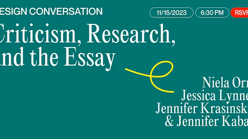 A green slide with the words "Criticism, research and the essay in white text" along with the names "Niela Orr, Jessica Lynne, Jennifer Krasinski, & Jennifer Kabat"