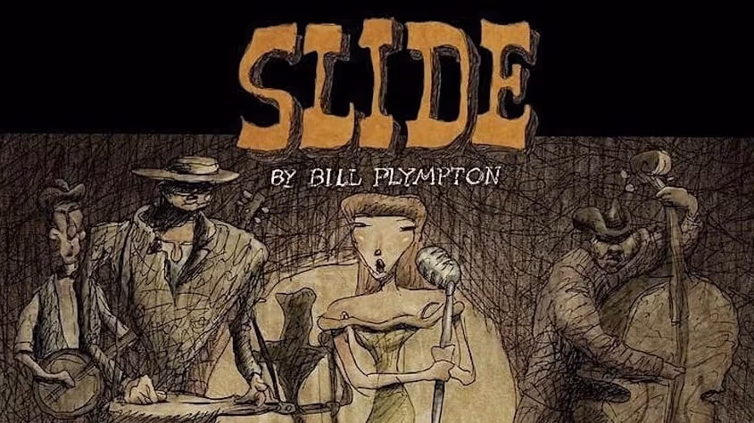 Title slate for a film featuring a scratchy drawing of a woman singing at a microphone with a band of four male musicians behind her.