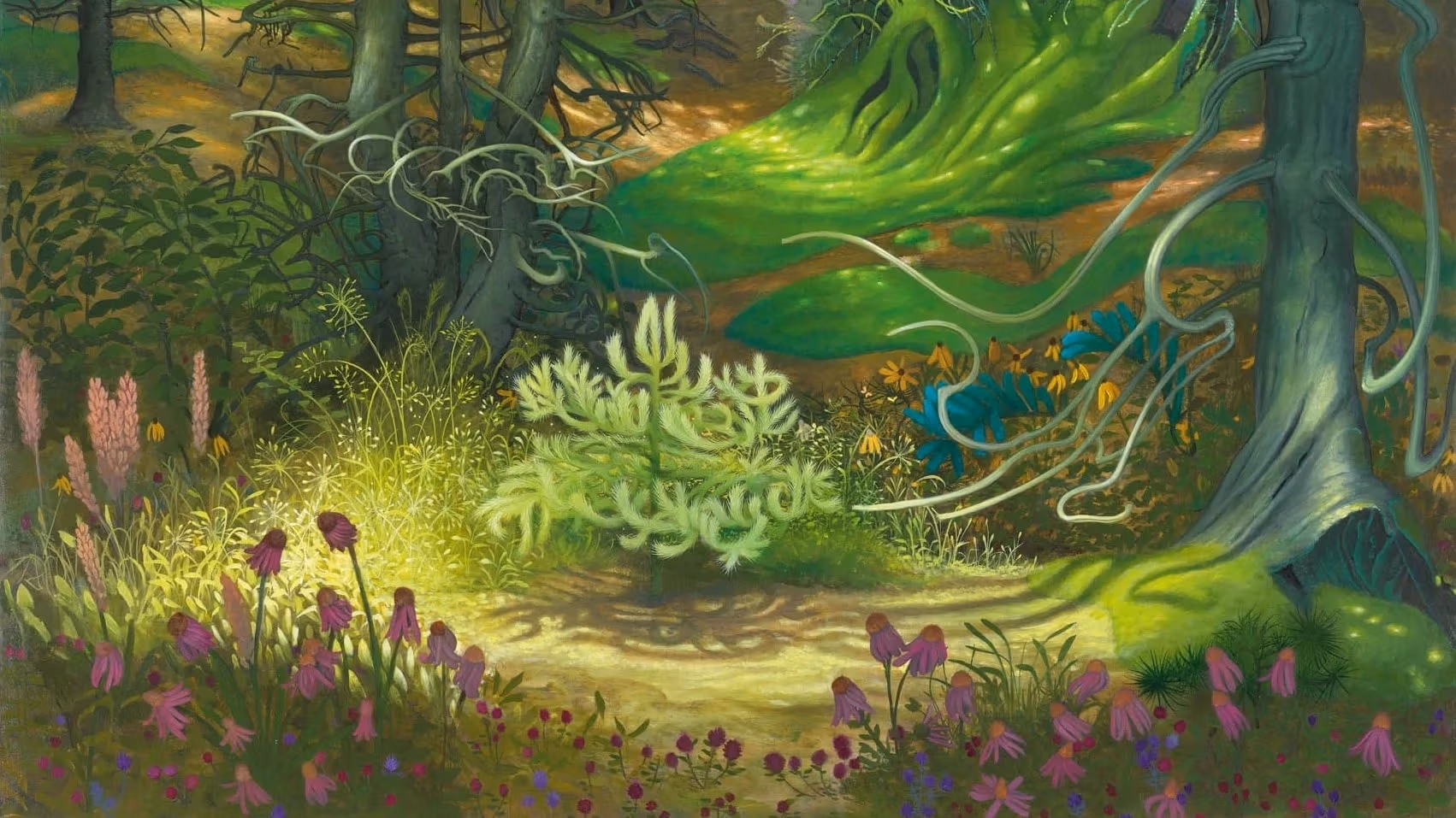 Inka Essenhigh, Forest with Dappled Light, 2022. Enamel on canvas, 40 x 50 inches. Swirly painting of a forest floor with a baby pine growing up to the crack in the canopy.