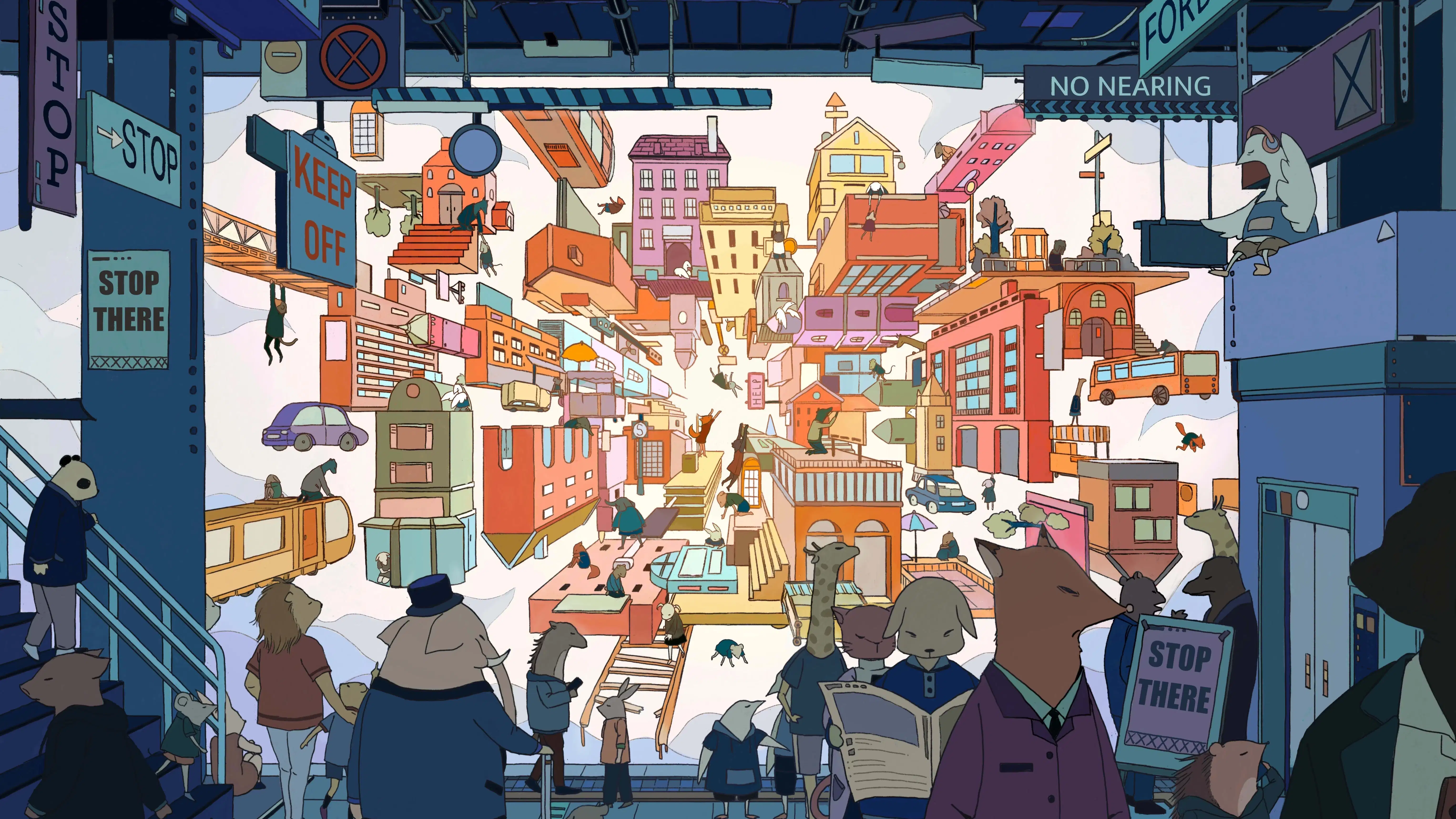 Illustration of surreal multidimensional urban landscape with anthropomorphic animals.