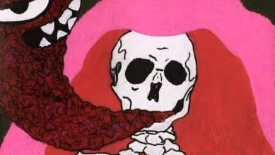 Felt image of a skeleton in a cave with a red worm monster coming out of its mouth.