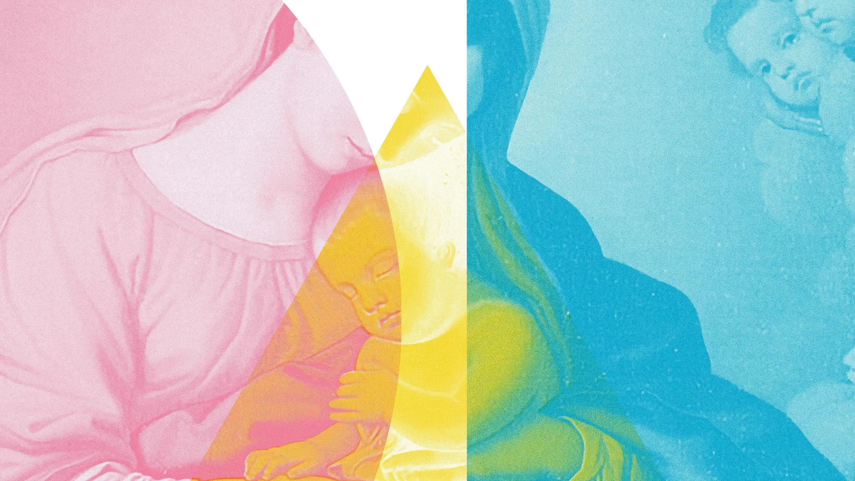 Event Poster, Madonna and Child with Pink and Blue on either end, and Yellow Triangle at Center 