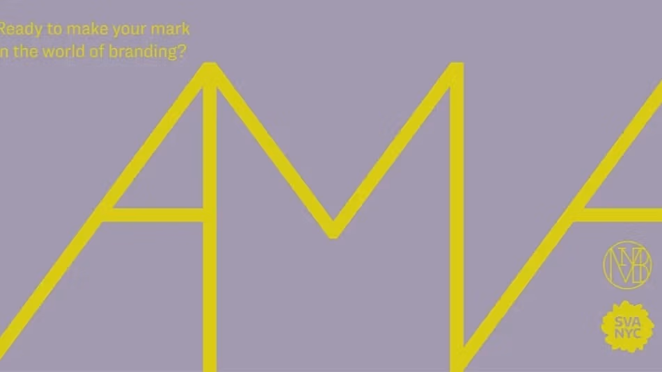 Purple background with yellow text reading 'ready to make your mark in the world of branding? AMA'