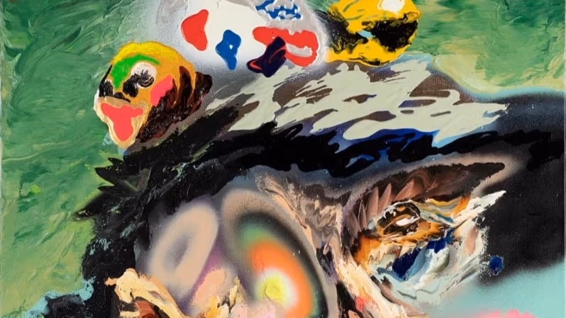 A painting by Minseok Kang showing an abstract figure painted in a mix of bright colors.