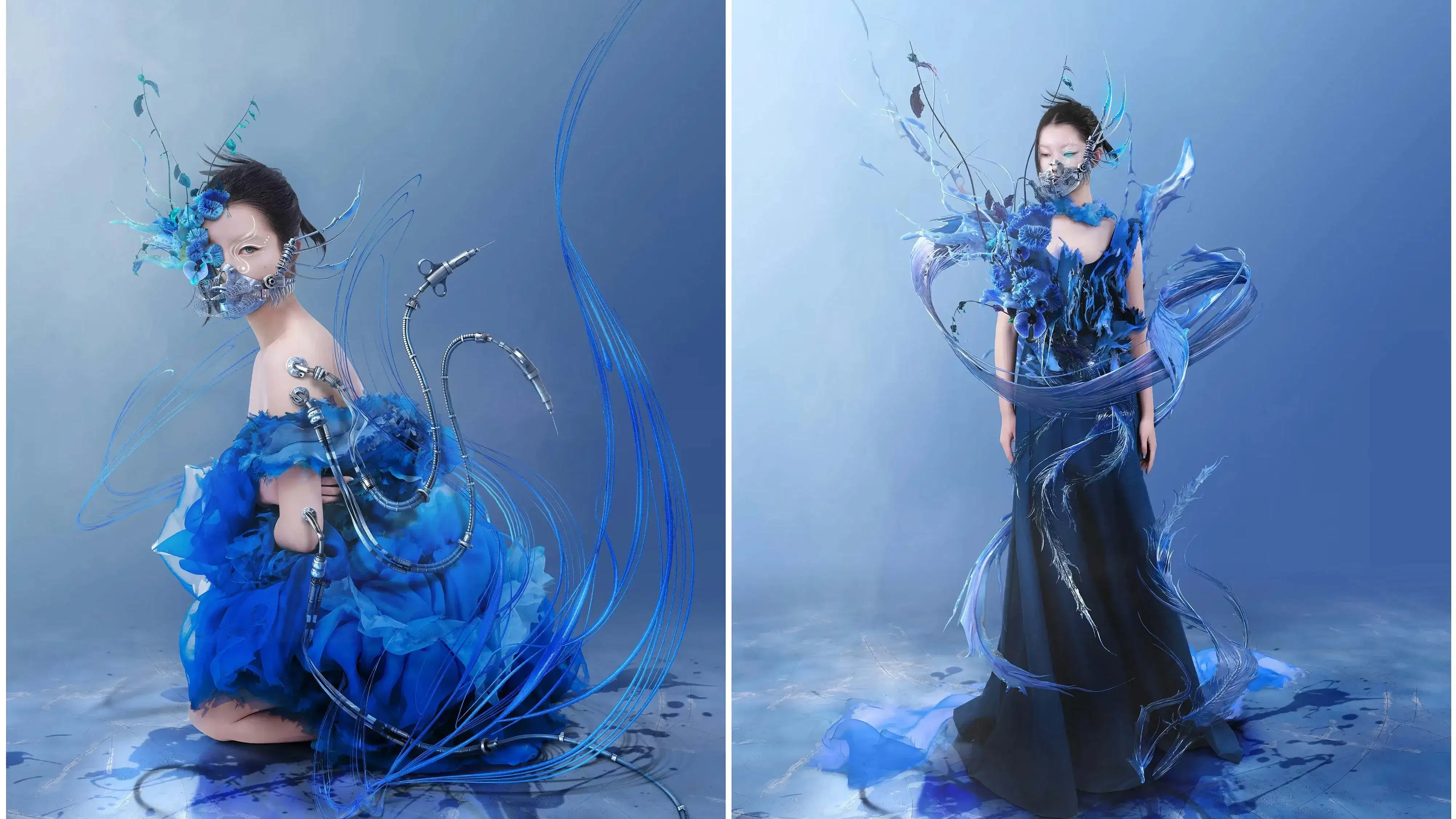 Two panels showing augmented portrait photography, with the same figure in both while surrounded by swaths of material and wearing a floral and metal mask. On the left panel, the figure is on their knees looking at the camera as mechanical tendrils with syringe and suction cup ends wave around them.