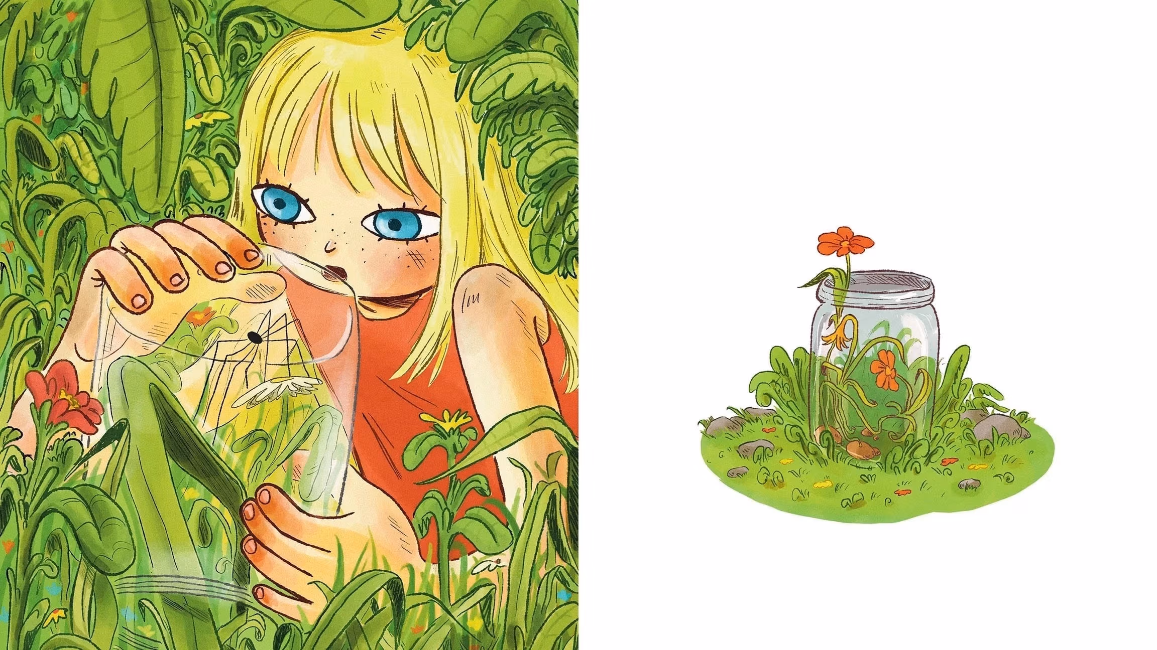 A drawing of a blonde girl sitting in foliage, holding a glass jar with a spider inside, looking at the spider.
