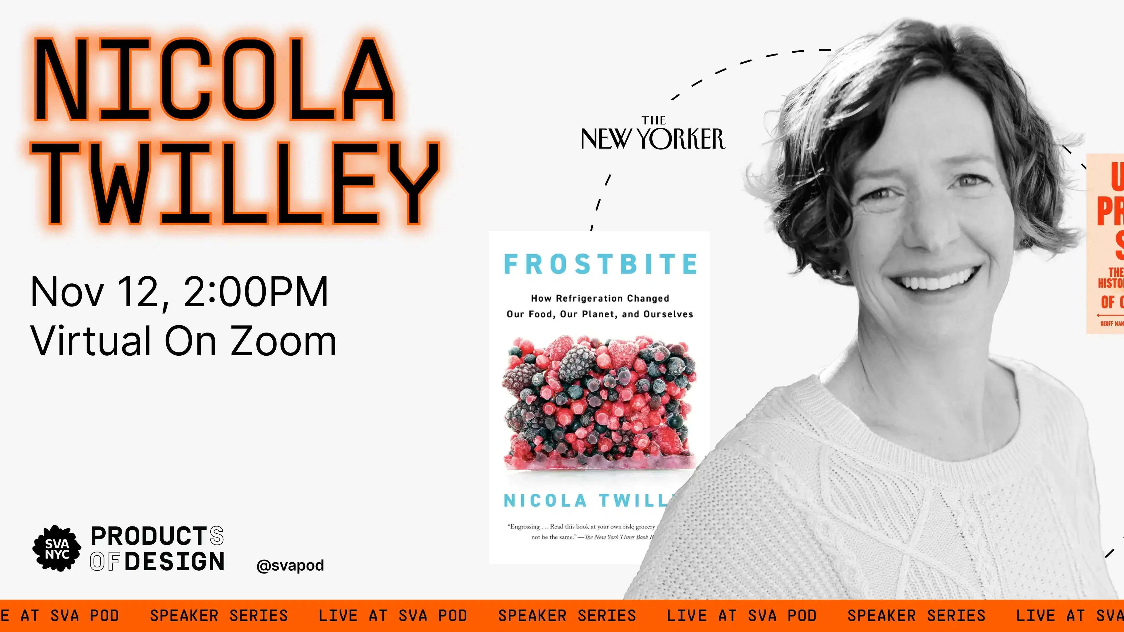 Image of woman in cable knit sweater and short hair with surrounding company logos and books