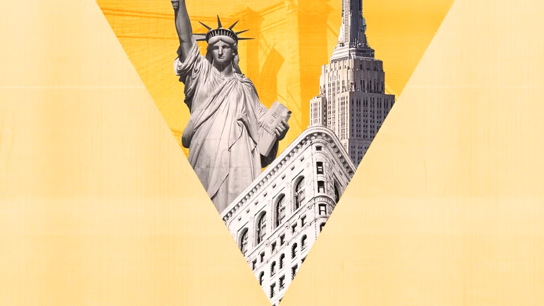 Upside down triangle with images of NYC within, like the statue of liberty, empire state building, and flatiron building
